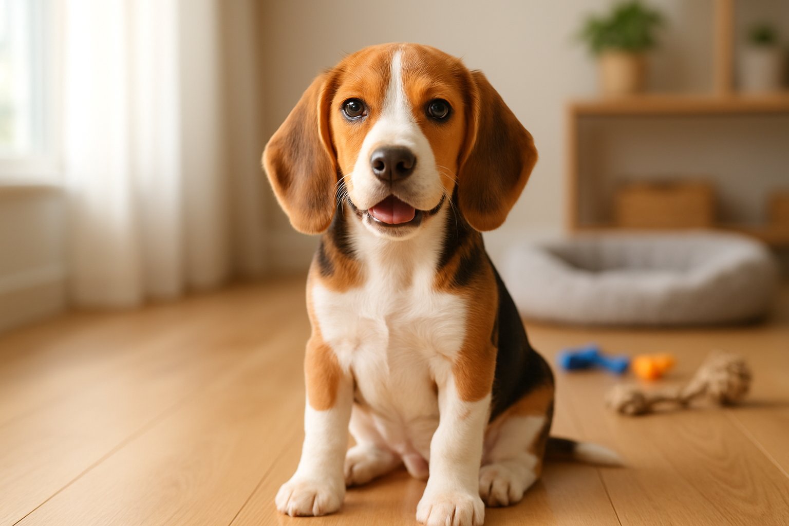 A Beagle puppy sitting on a wooden floor in a cozy home with pet toys and a dog bed nearby.