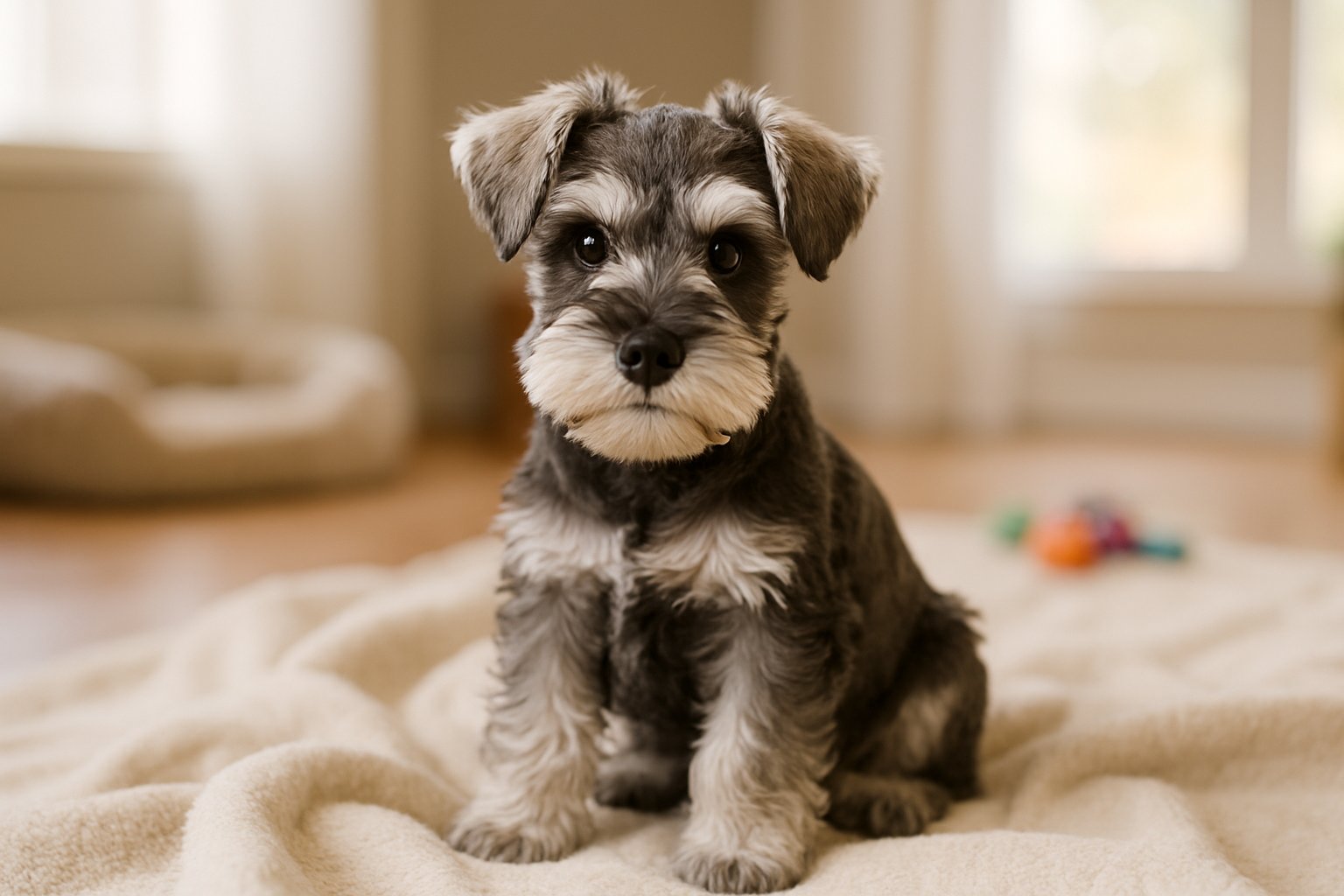 A Miniature Schnauzer puppy sitting on a blanket in a cozy indoor room with soft natural light.
