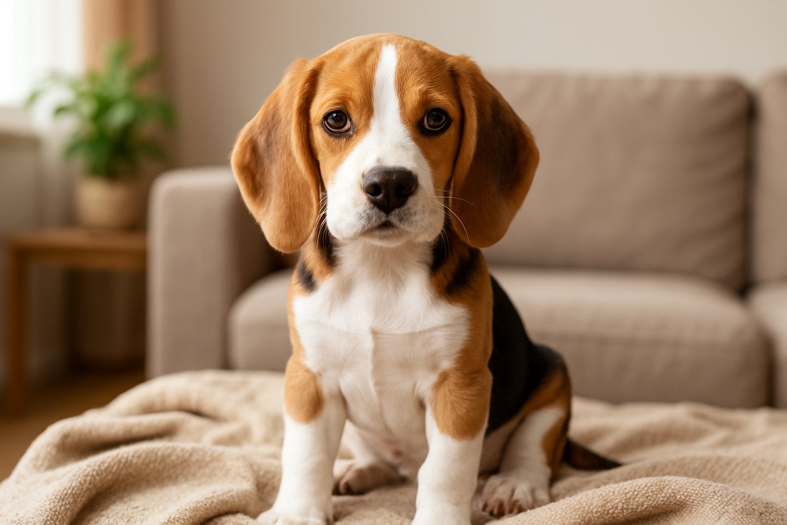 A Beagle puppy sitting on a blanket indoors with a cozy home background.