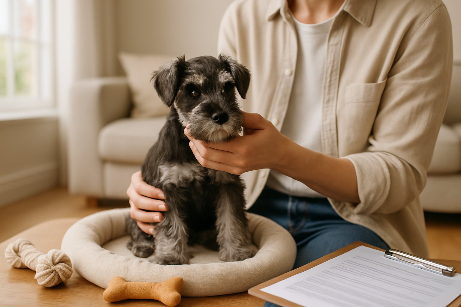 A person gently holding a healthy miniature schnauzer puppy in a bright, cozy room with puppy toys and a clipboard nearby.