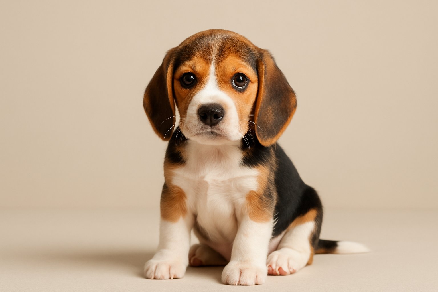 A Beagle puppy sitting and looking attentively with floppy ears and tricolor fur on a neutral background.