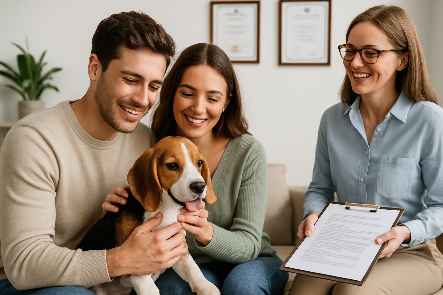 A young couple happily interacting with a Beagle puppy indoors while a representative shows documents in a comfortable setting.
