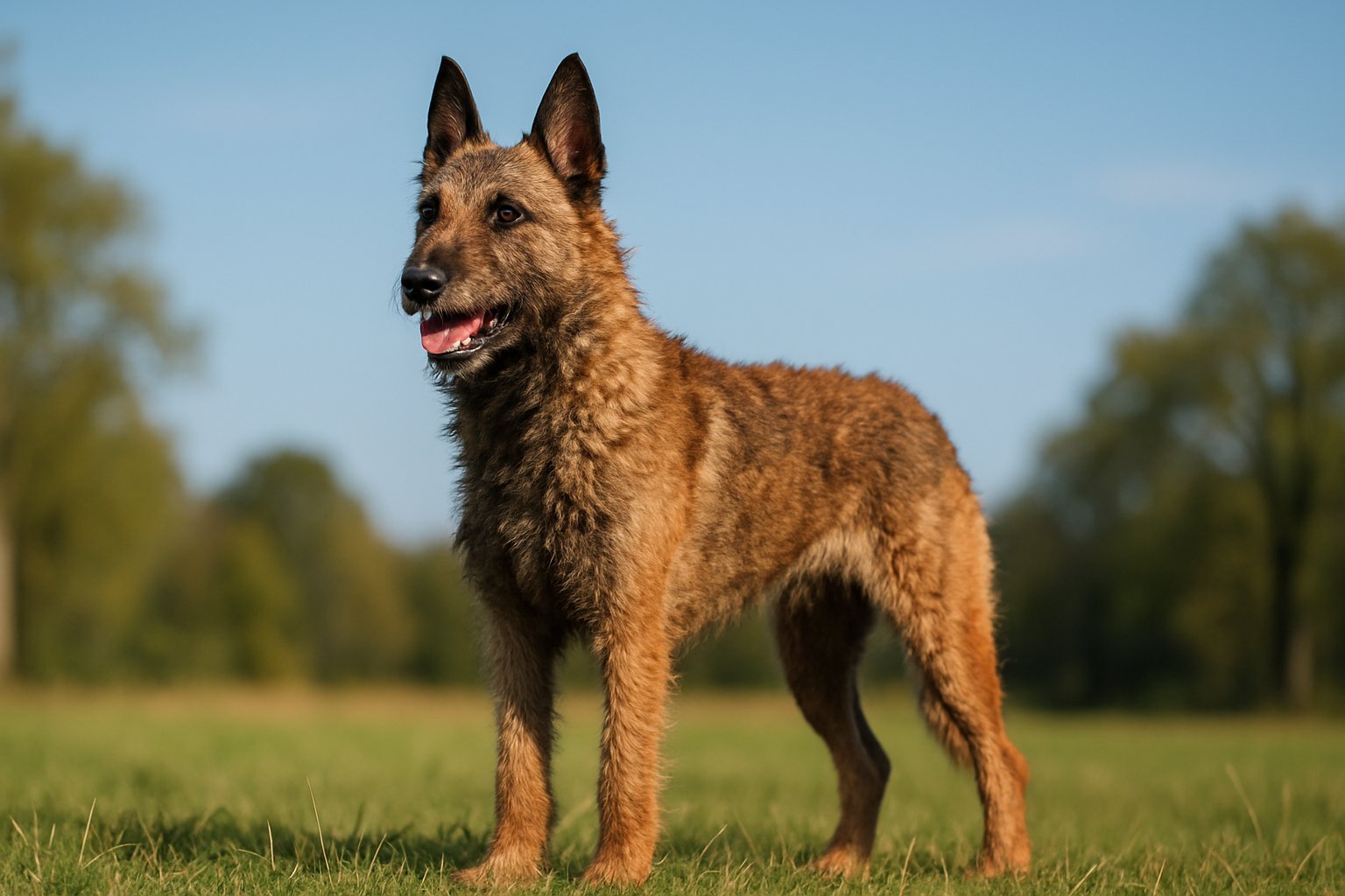 A Belgian Laekenois dog standing on grass outdoors with a clear sky and trees in the background.