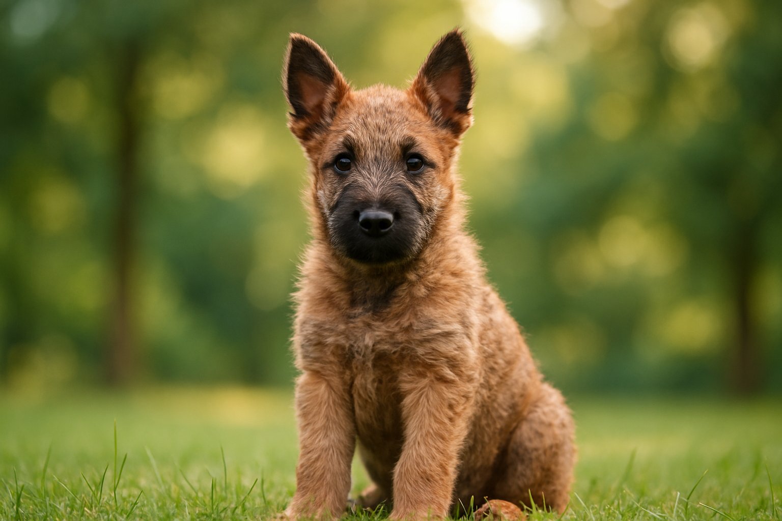 A Belgian Laekenois puppy sitting on grass outdoors with trees in the background.