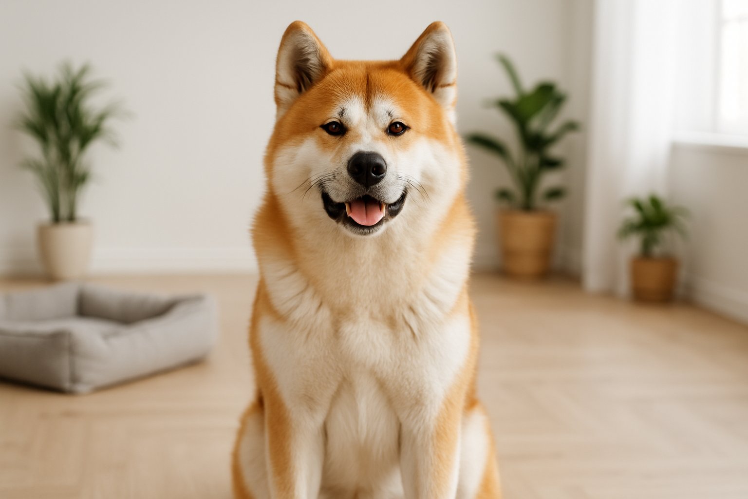 An Akita dog sitting indoors in a bright, cozy room with natural light and plants.