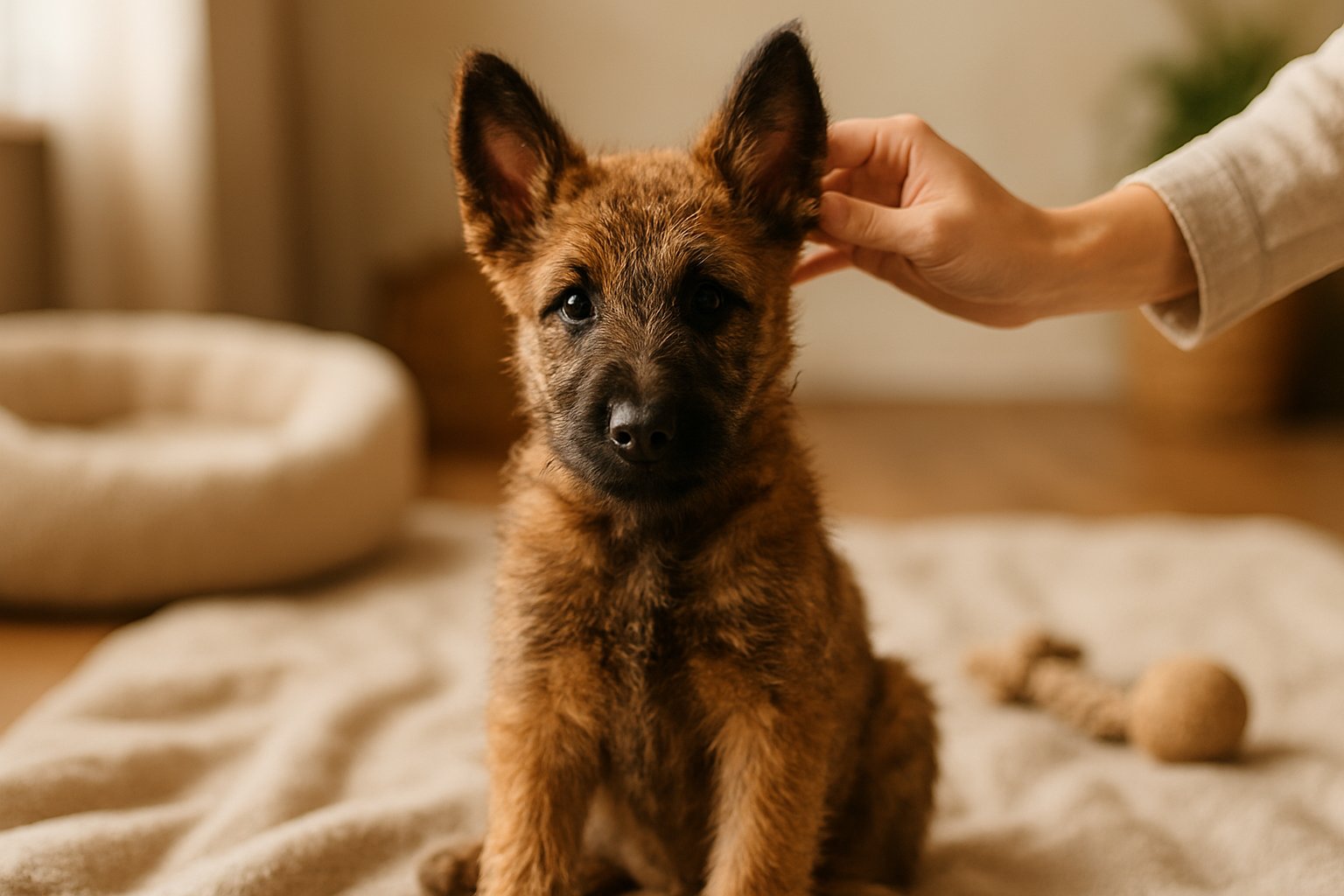 A Belgian Laekenois puppy sitting on a blanket indoors with a hand reaching out to pet it.
