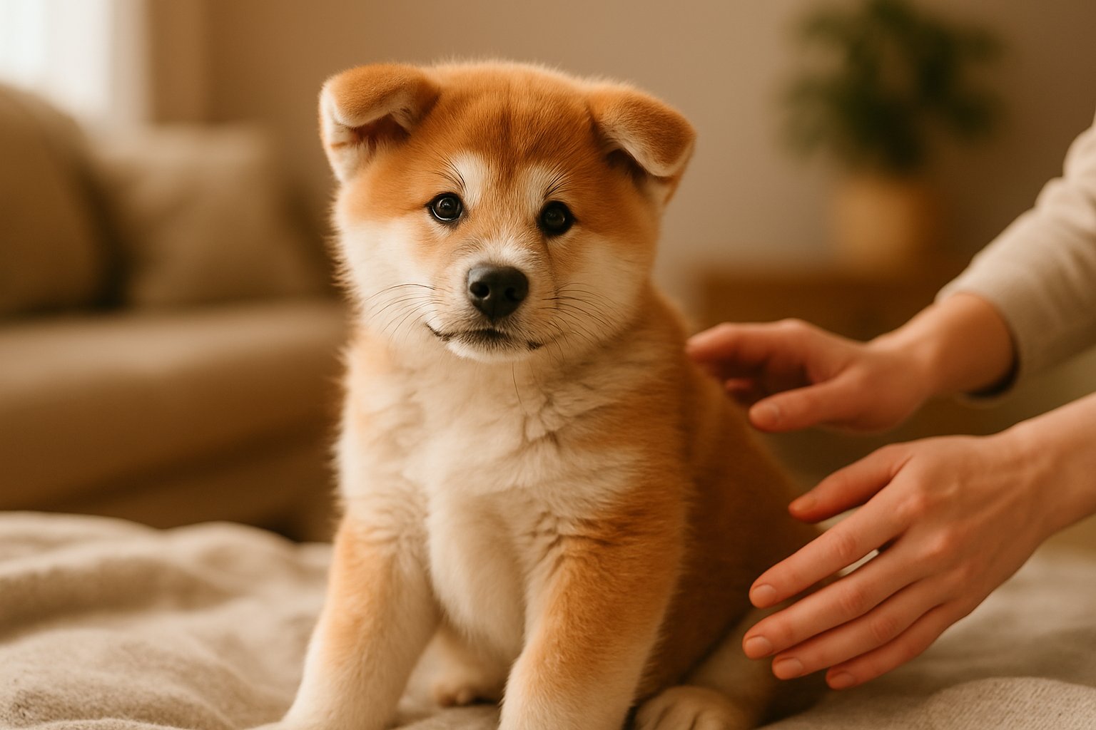 A calm Akita puppy sitting on a blanket indoors with a person's hands reaching out to pet it.