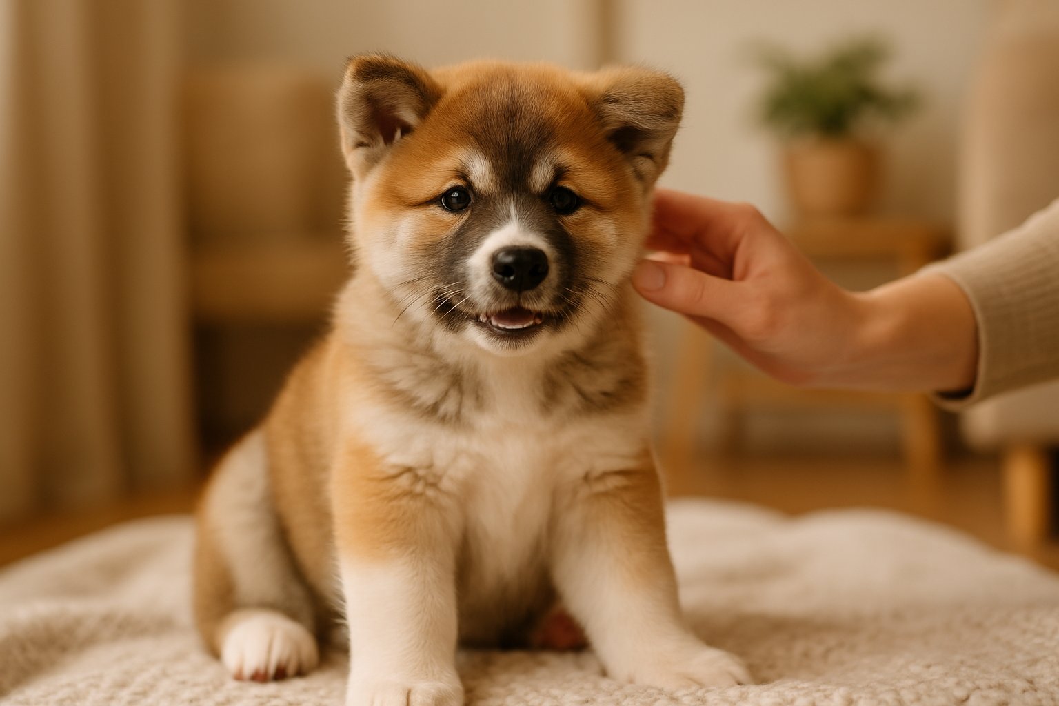 An adorable Akita puppy sitting on a blanket indoors with a person’s hand reaching out to pet it.