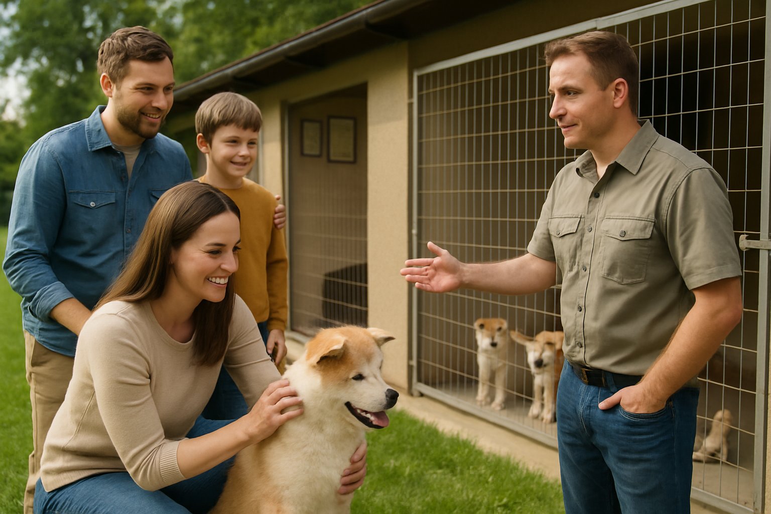 A family visiting a dog breeder outdoors, interacting with a playful Akita puppy while the breeder explains about the puppies.