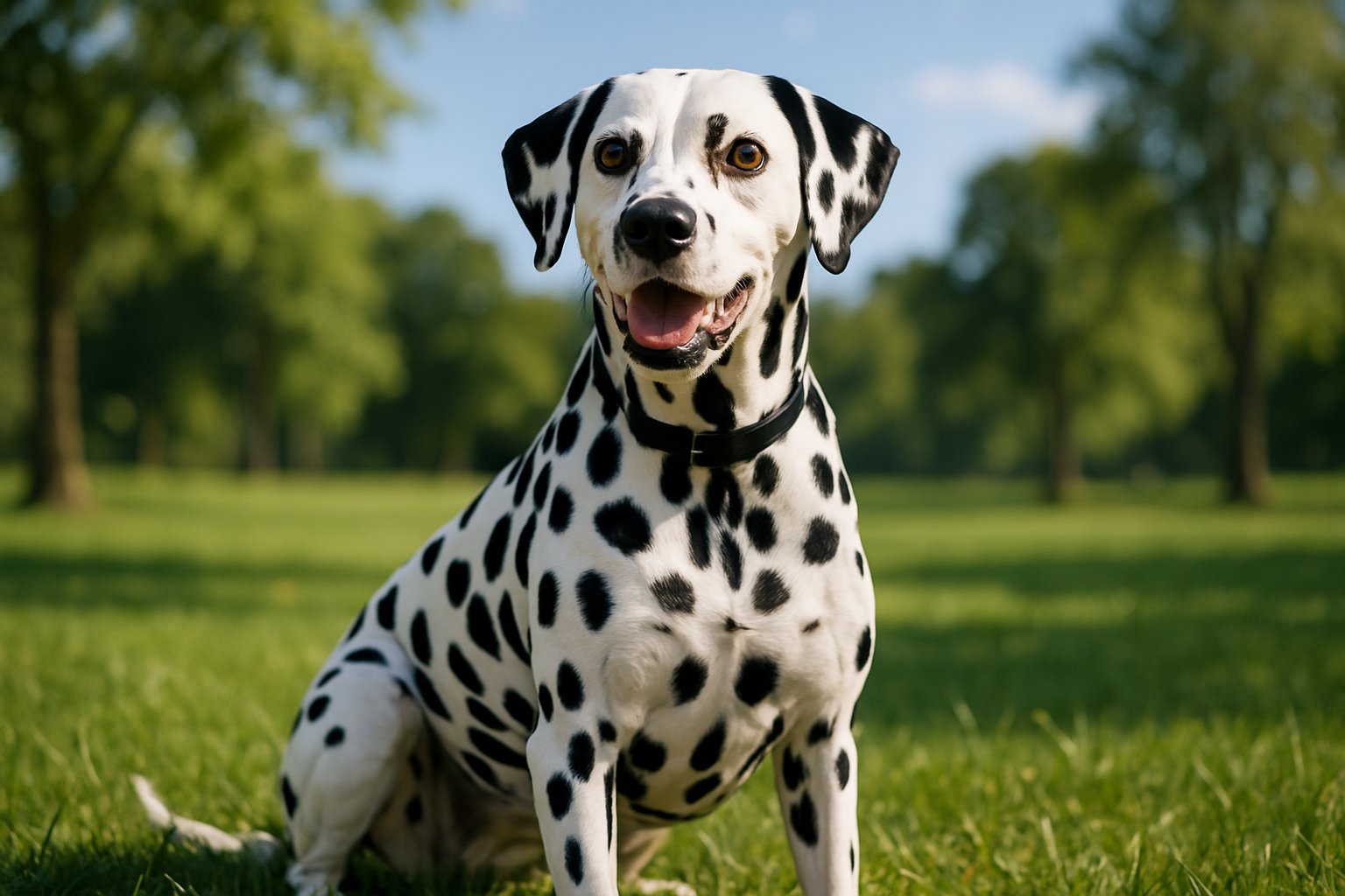 A Dalmatian dog sitting on green grass in a sunny park with trees in the background.