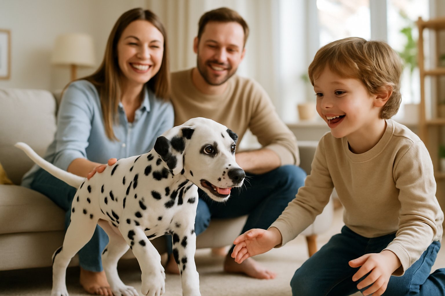 A family happily playing with a Dalmatian puppy in a bright living room.