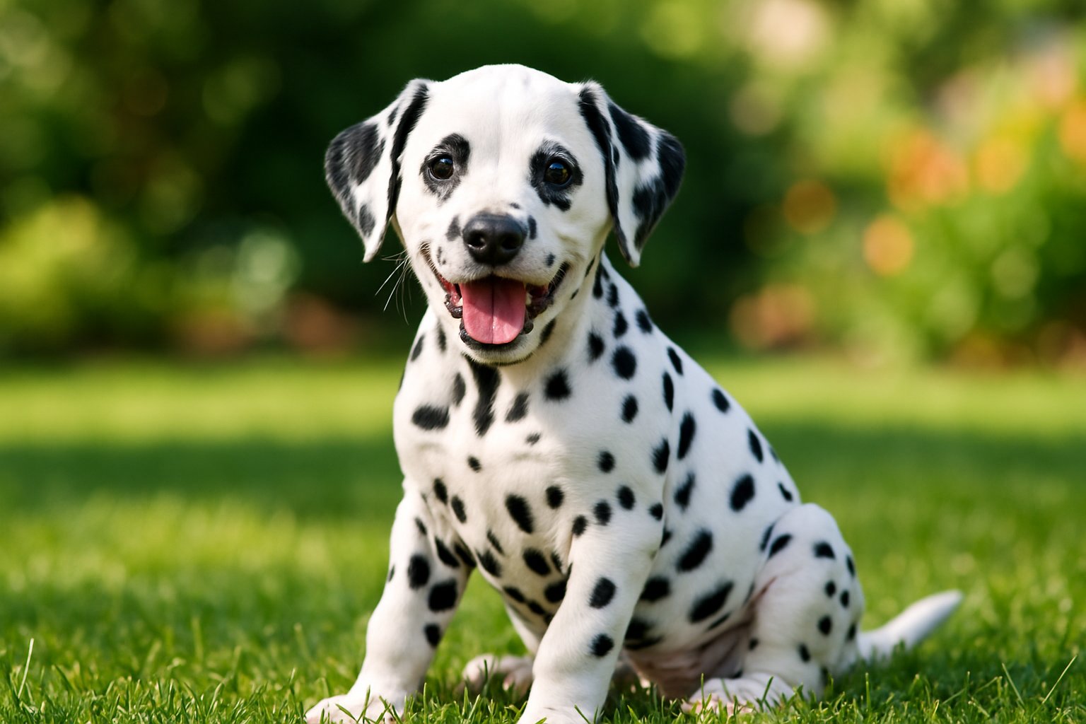 A Dalmatian puppy sitting on grass outdoors with greenery and flowers in the background.