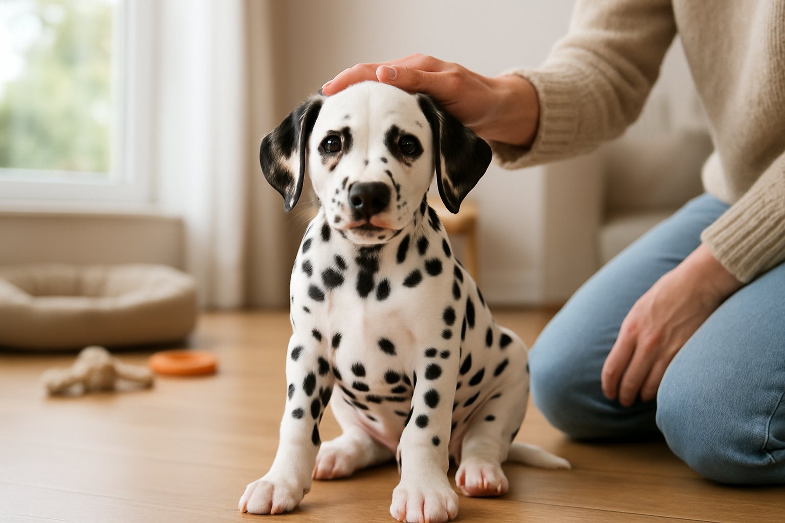 A healthy Dalmatian puppy sitting on a wooden floor inside a bright home while a person gently pets it.