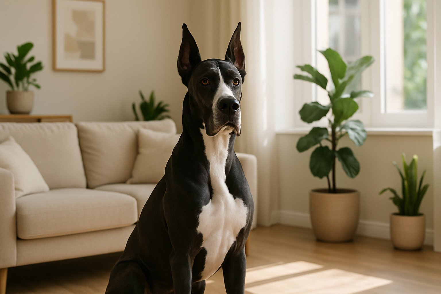 A Great Dane dog sitting calmly in a bright, modern living room with plants and a sofa in the background.