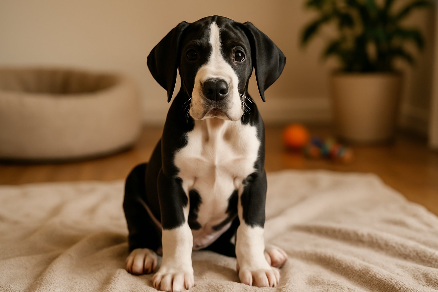 A Great Dane puppy sitting on a blanket indoors with toys and a plant in the background.