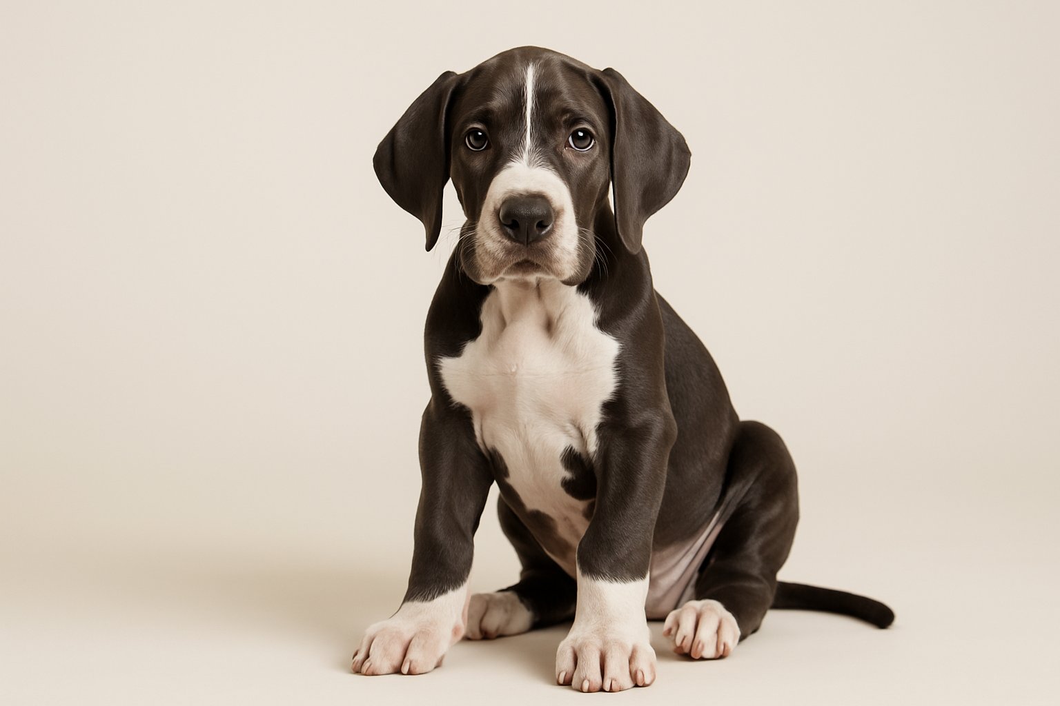 A young Great Dane puppy sitting and looking forward on a plain background.