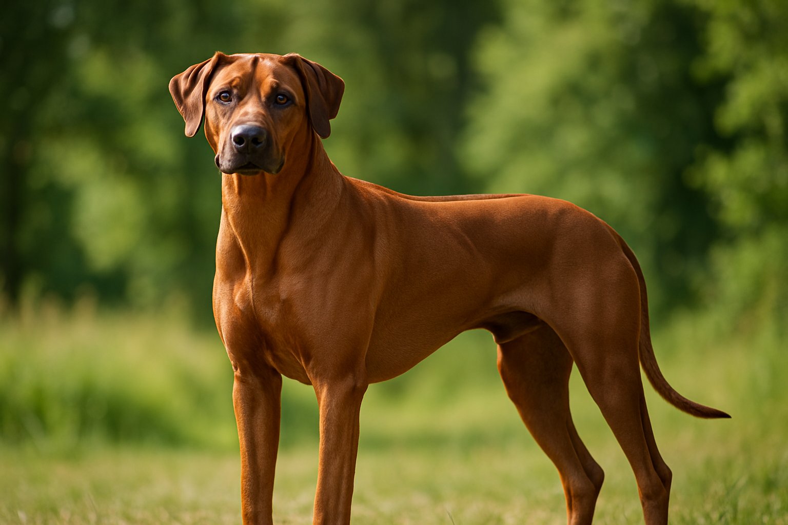 A Rhodesian Ridgeback dog standing outdoors in a grassy area with trees in the background.
