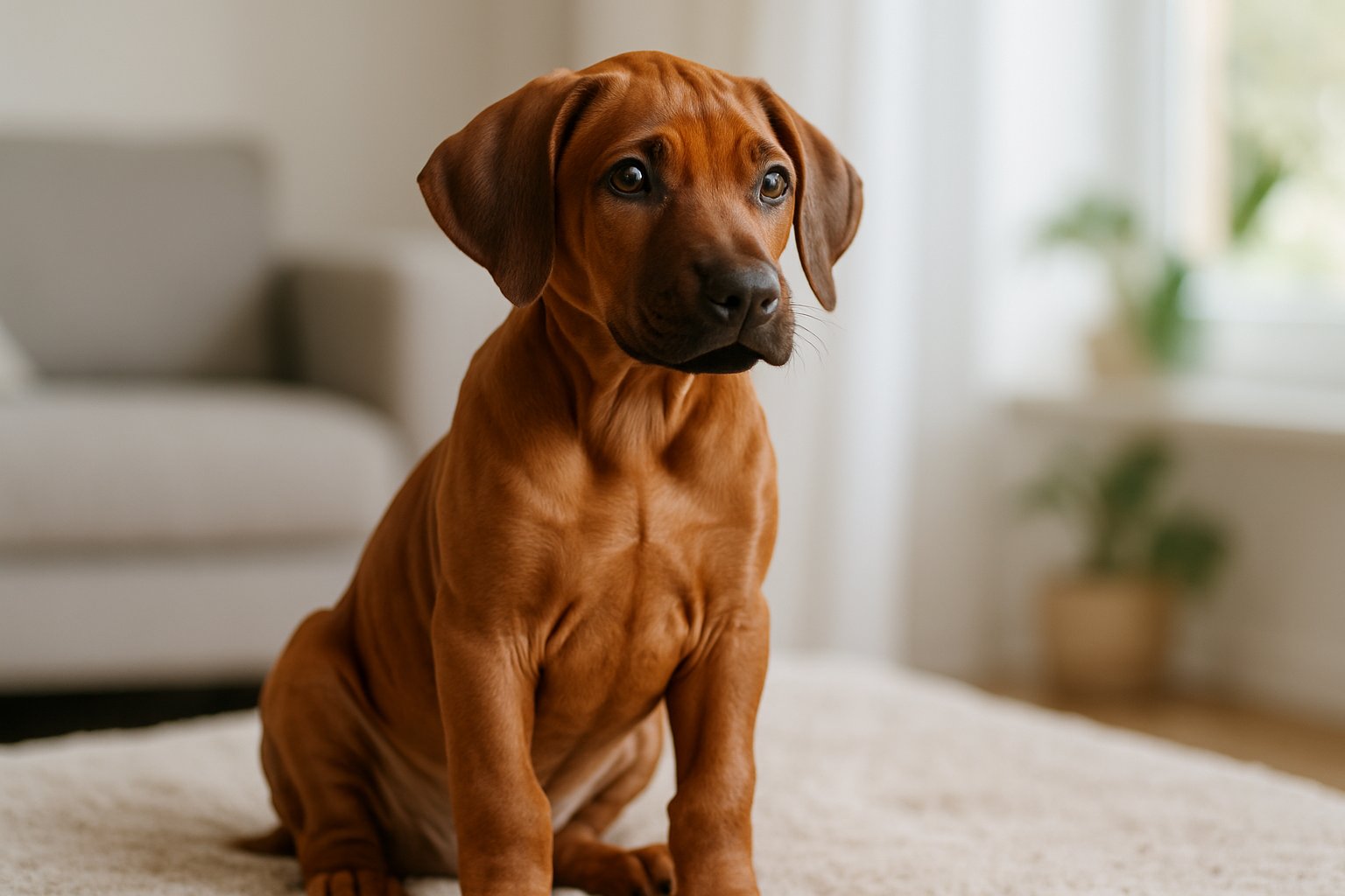 A Rhodesian Ridgeback puppy sitting indoors on a soft surface with natural light and a blurred home background.