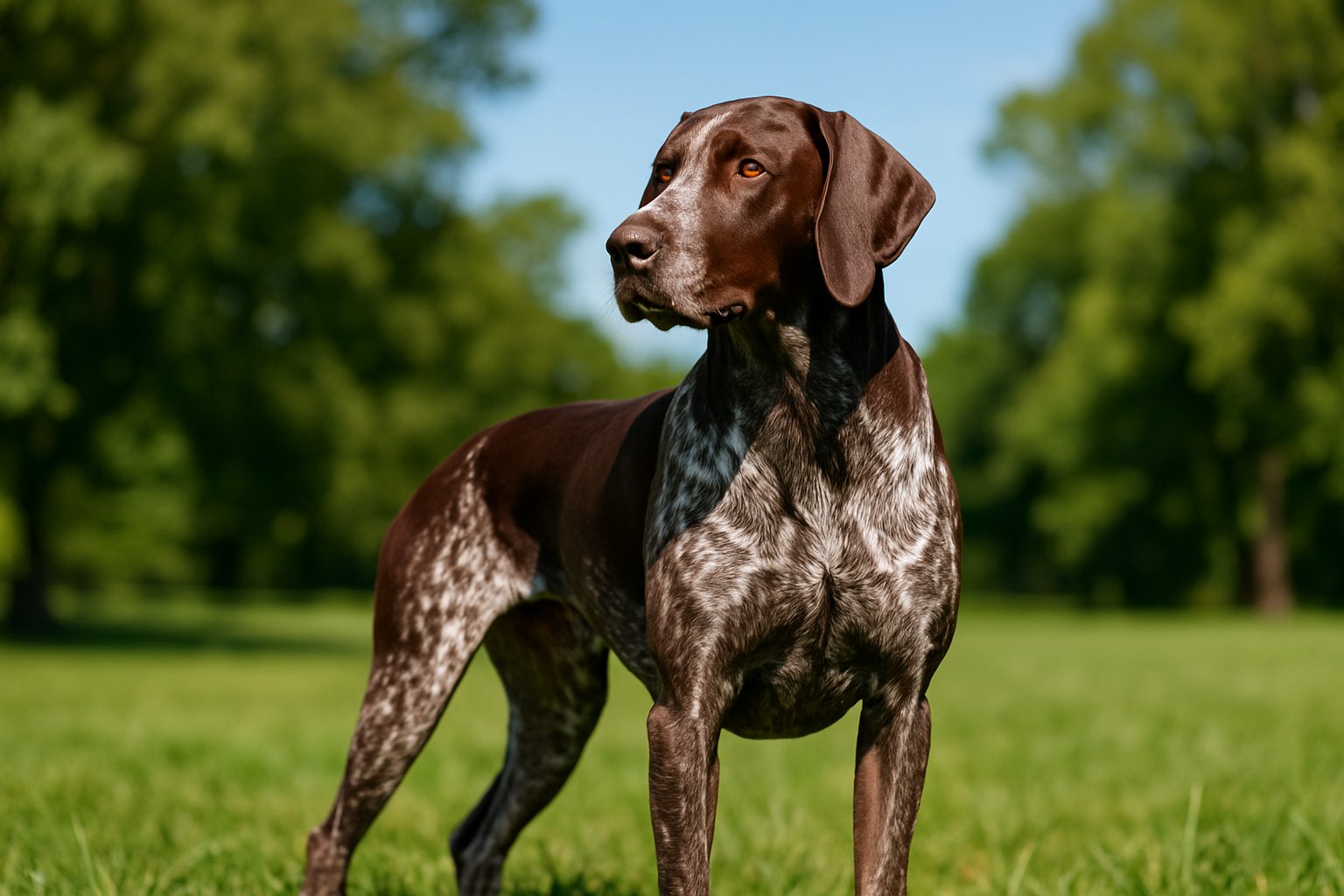A German Shorthaired Pointer dog standing alertly in a green park with trees and blue sky in the background.