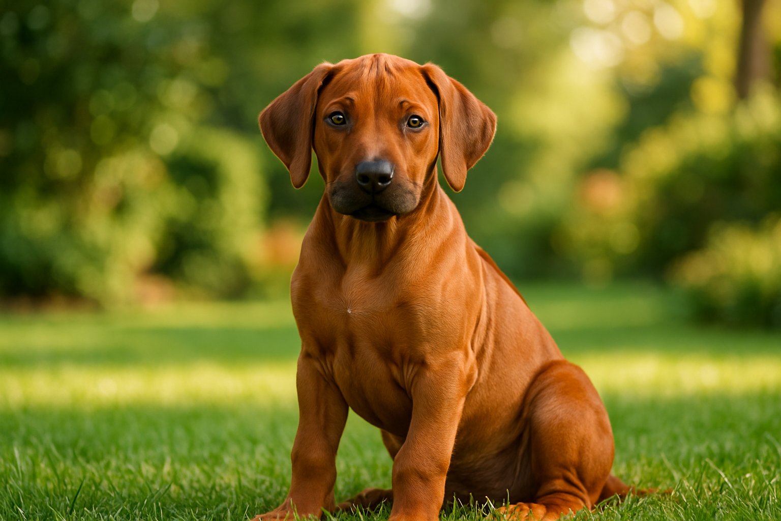 A Rhodesian Ridgeback puppy sitting on grass outdoors with trees and sunlight in the background.