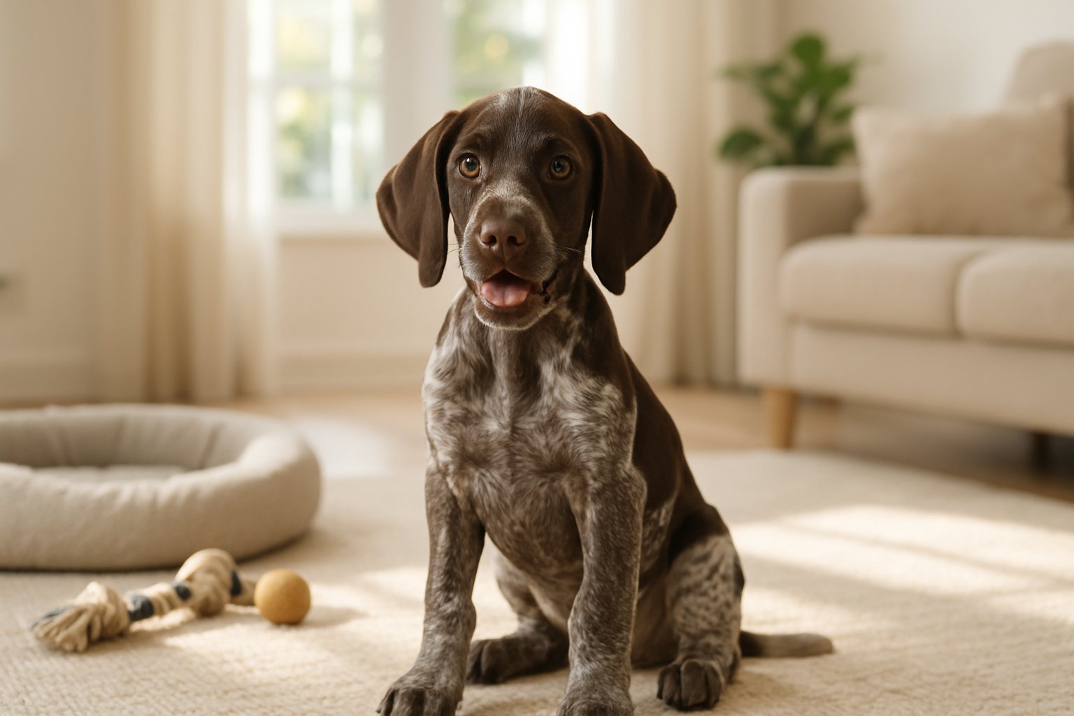 A German Shorthaired Pointer puppy sitting in a bright living room with dog toys and a plant in the background.