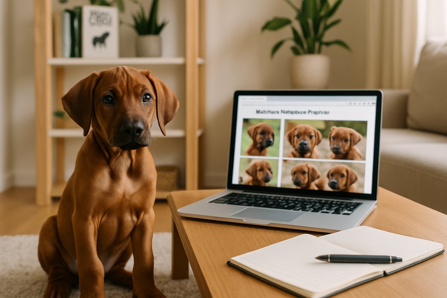 Person researching Rhodesian Ridgeback puppies on a laptop with a healthy puppy sitting nearby in a cozy living room.