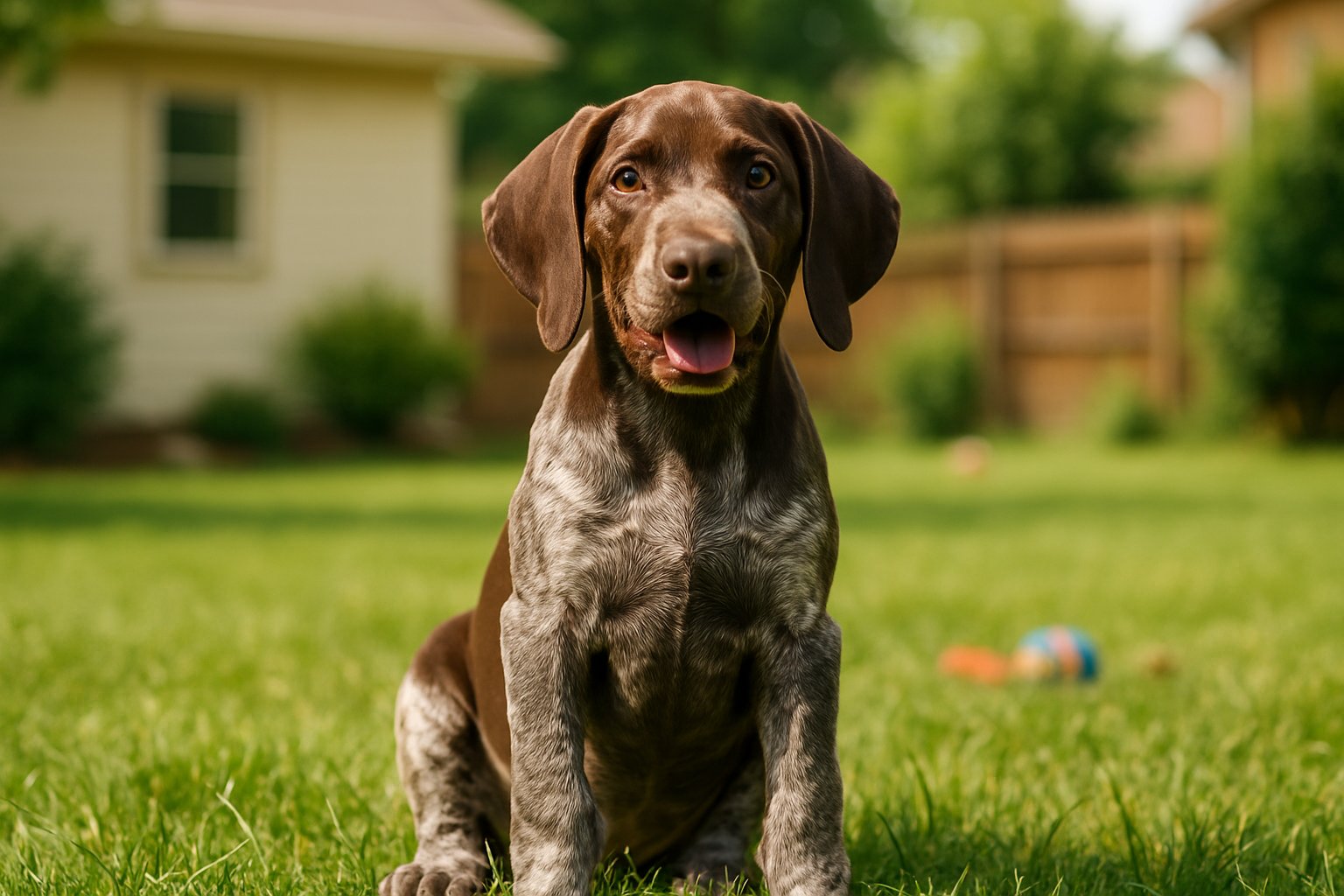 A German Shorthaired Pointer puppy sitting on green grass outdoors with a house and garden in the background.