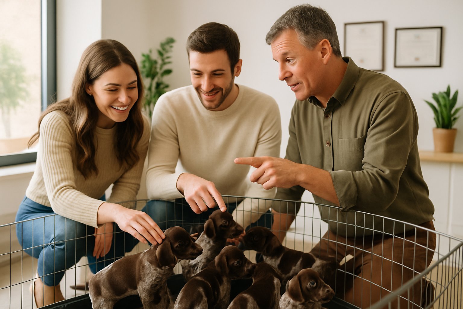 A couple interacting with German Shorthaired Pointer puppies at a breeder's kennel while the breeder explains something to them.