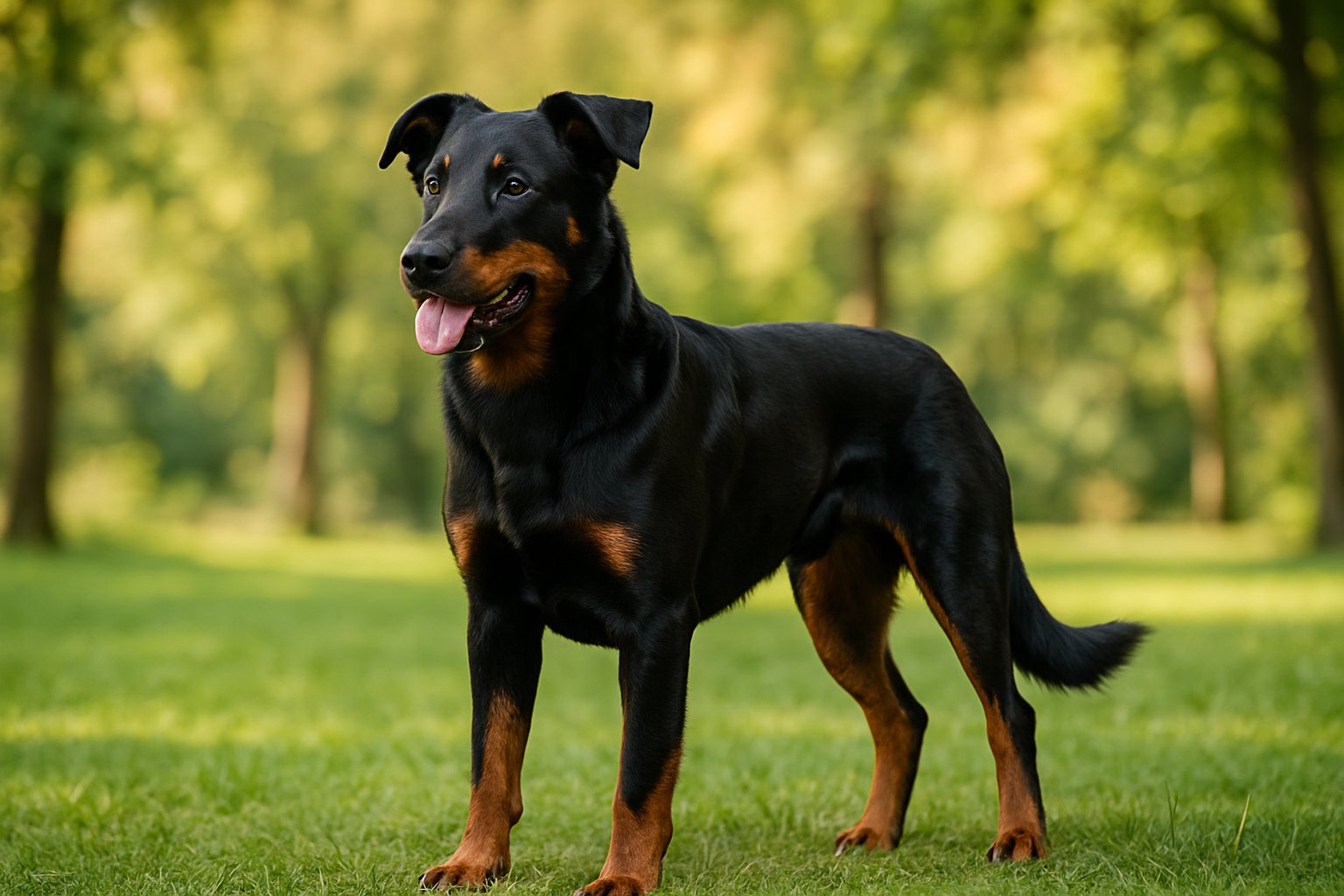 A Beauceron dog standing alert in a green park with trees in the background.