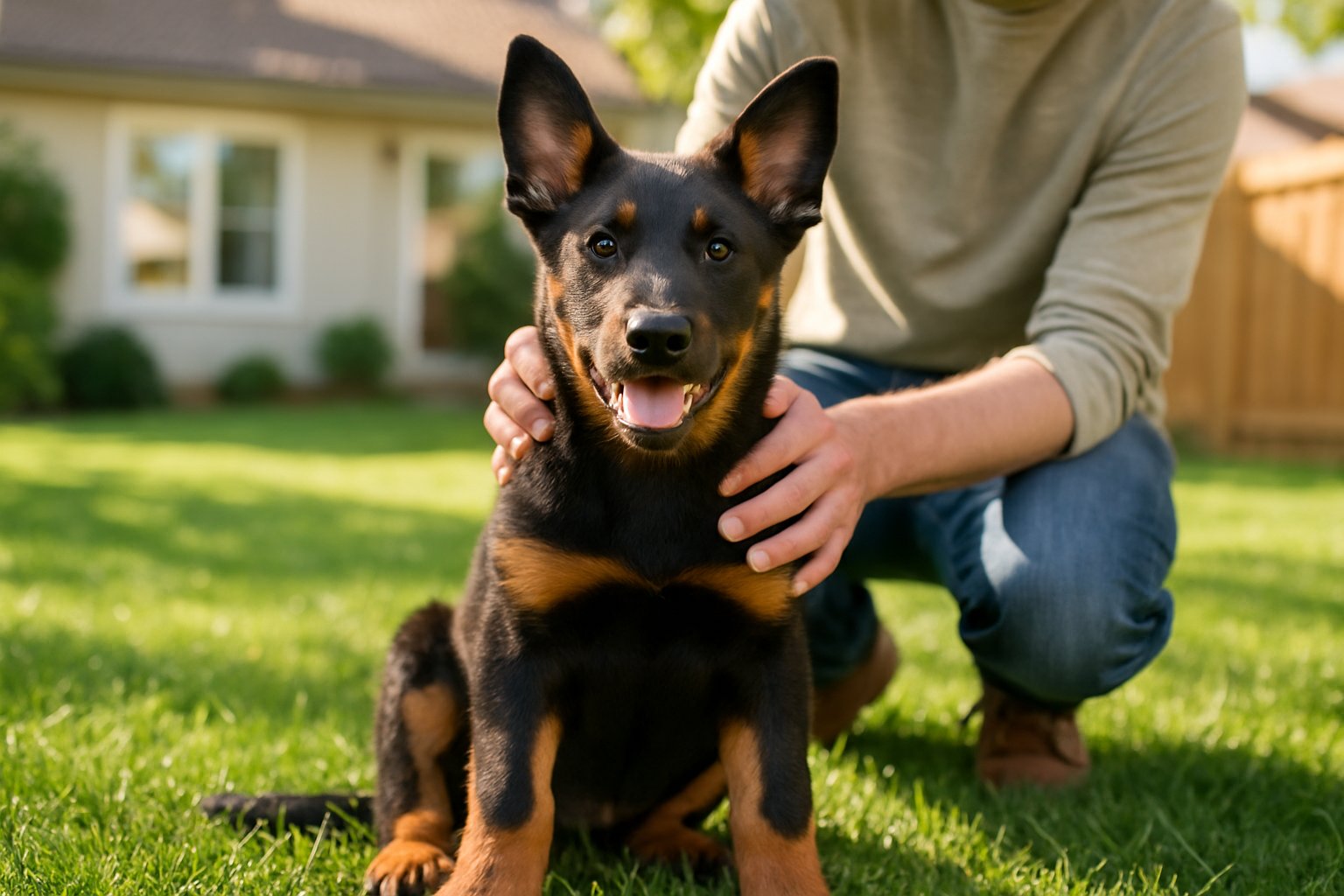 A Beauceron puppy sitting on grass with a person gently petting it in a sunny backyard.