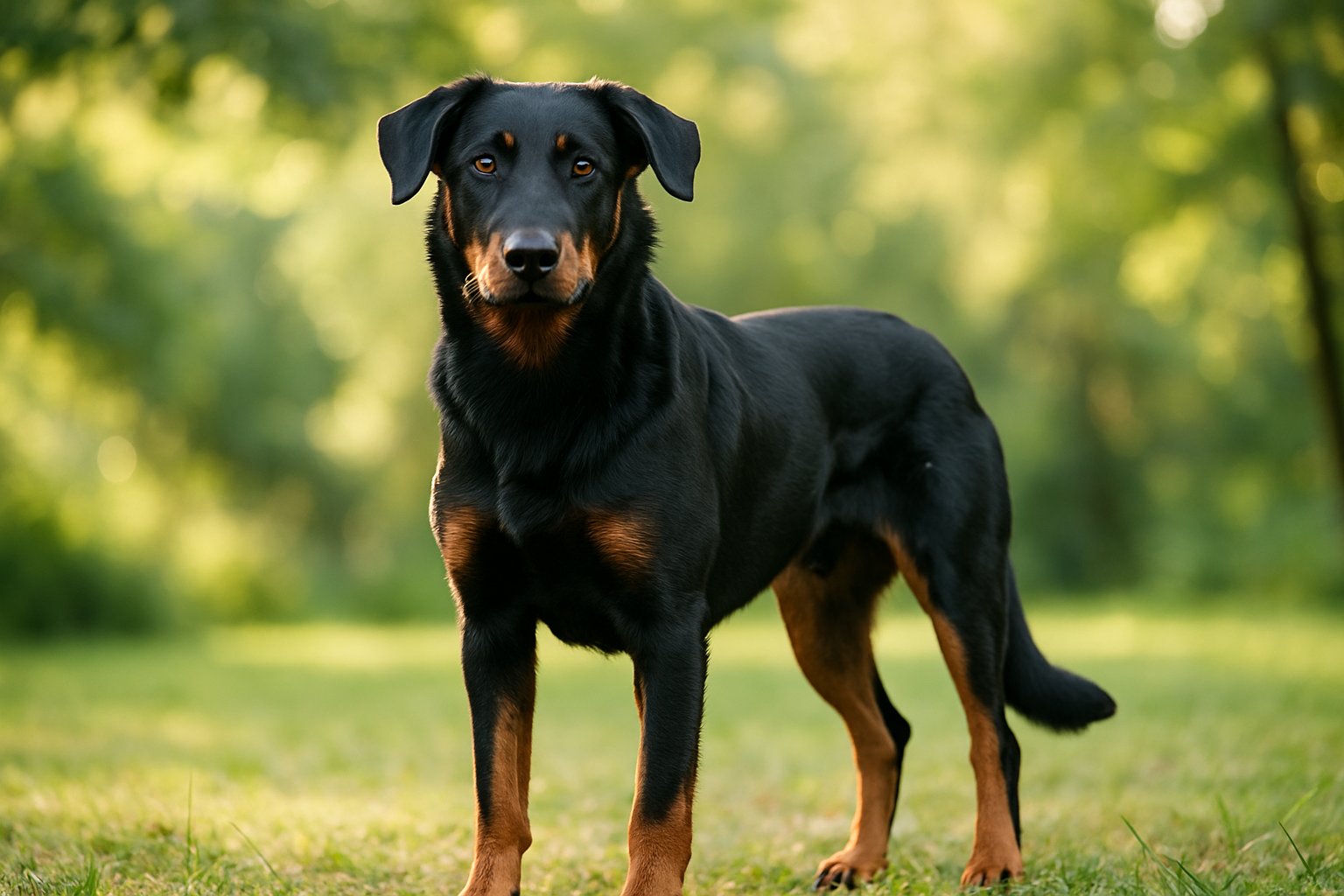 A Beauceron dog standing alert in a grassy outdoor area with greenery in the background.