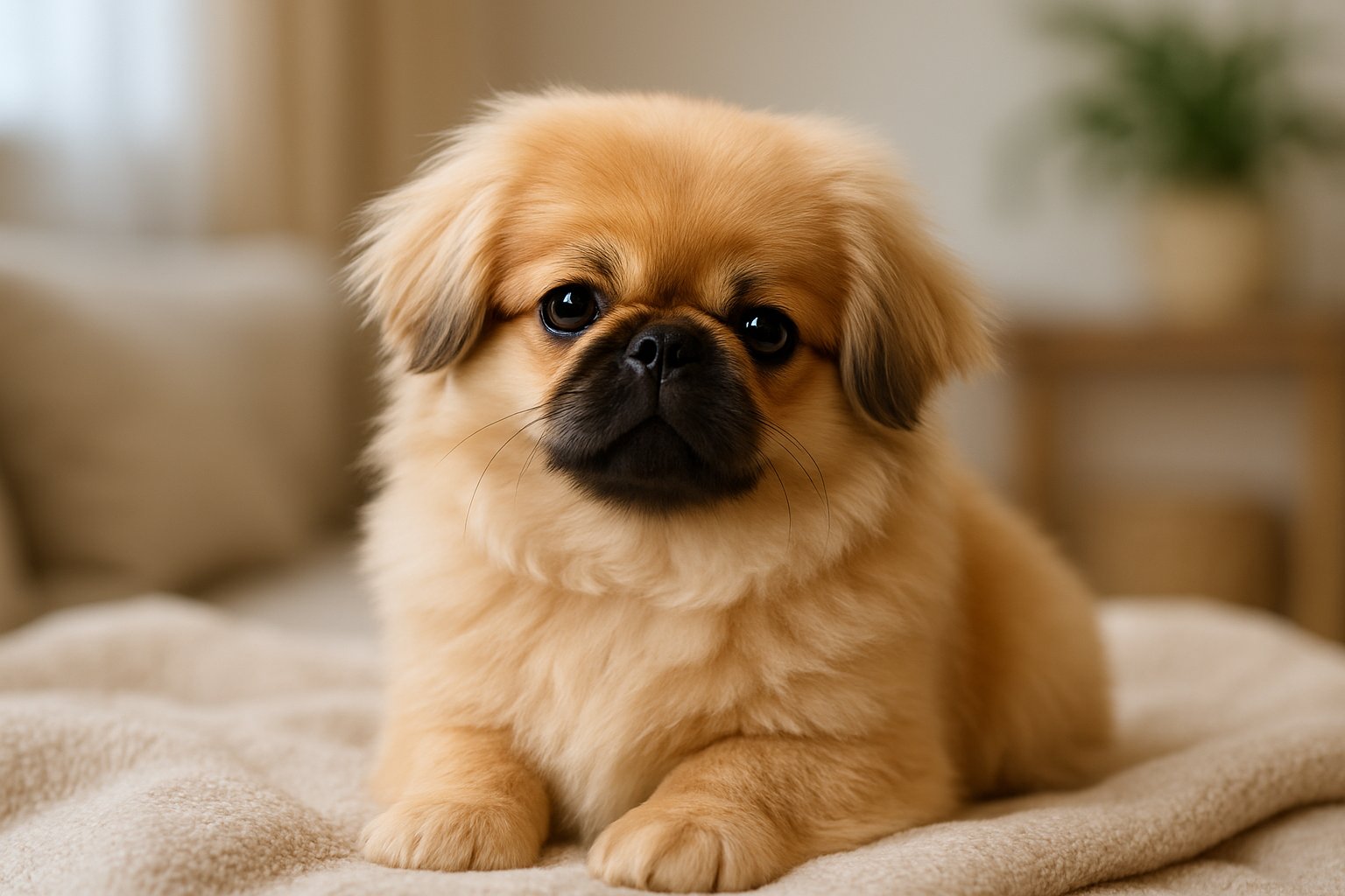 A fluffy Pekingese puppy sitting on a soft blanket indoors, looking gently towards the camera.