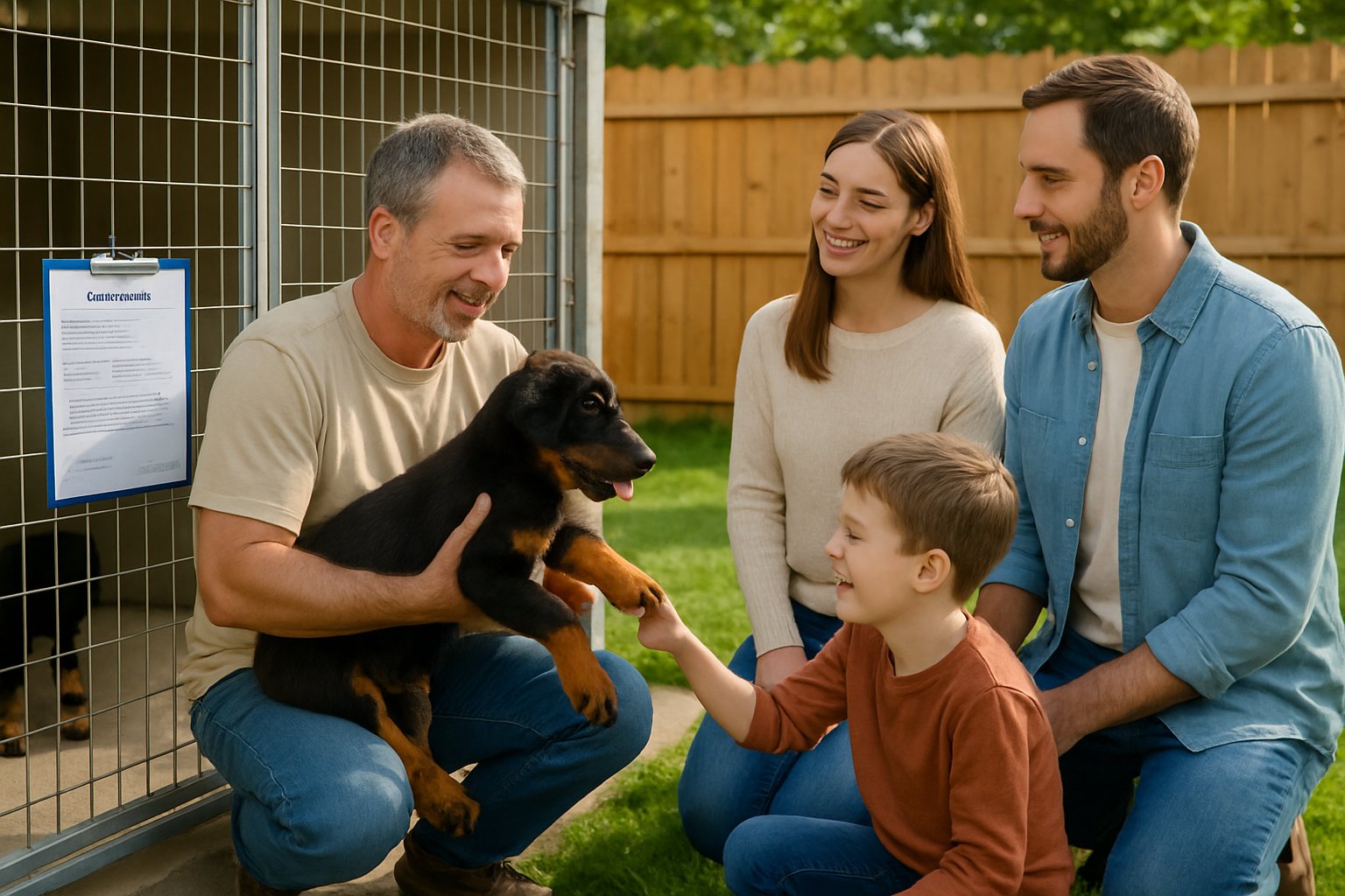 A family visiting a dog breeder's backyard where a Beauceron puppy plays with a child while adults talk with the breeder.