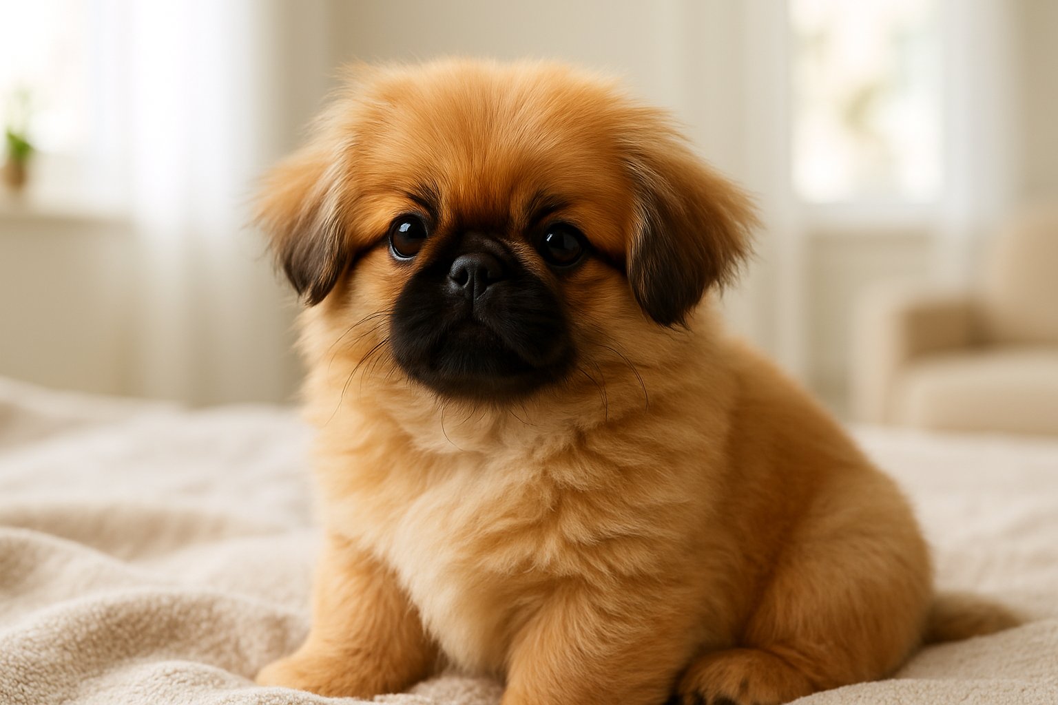 A Pekingese puppy sitting on a blanket in a bright indoor setting, looking towards the camera.