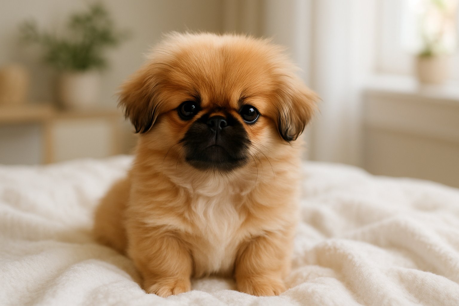 A fluffy Pekingese puppy sitting on a white blanket in a bright indoor room.