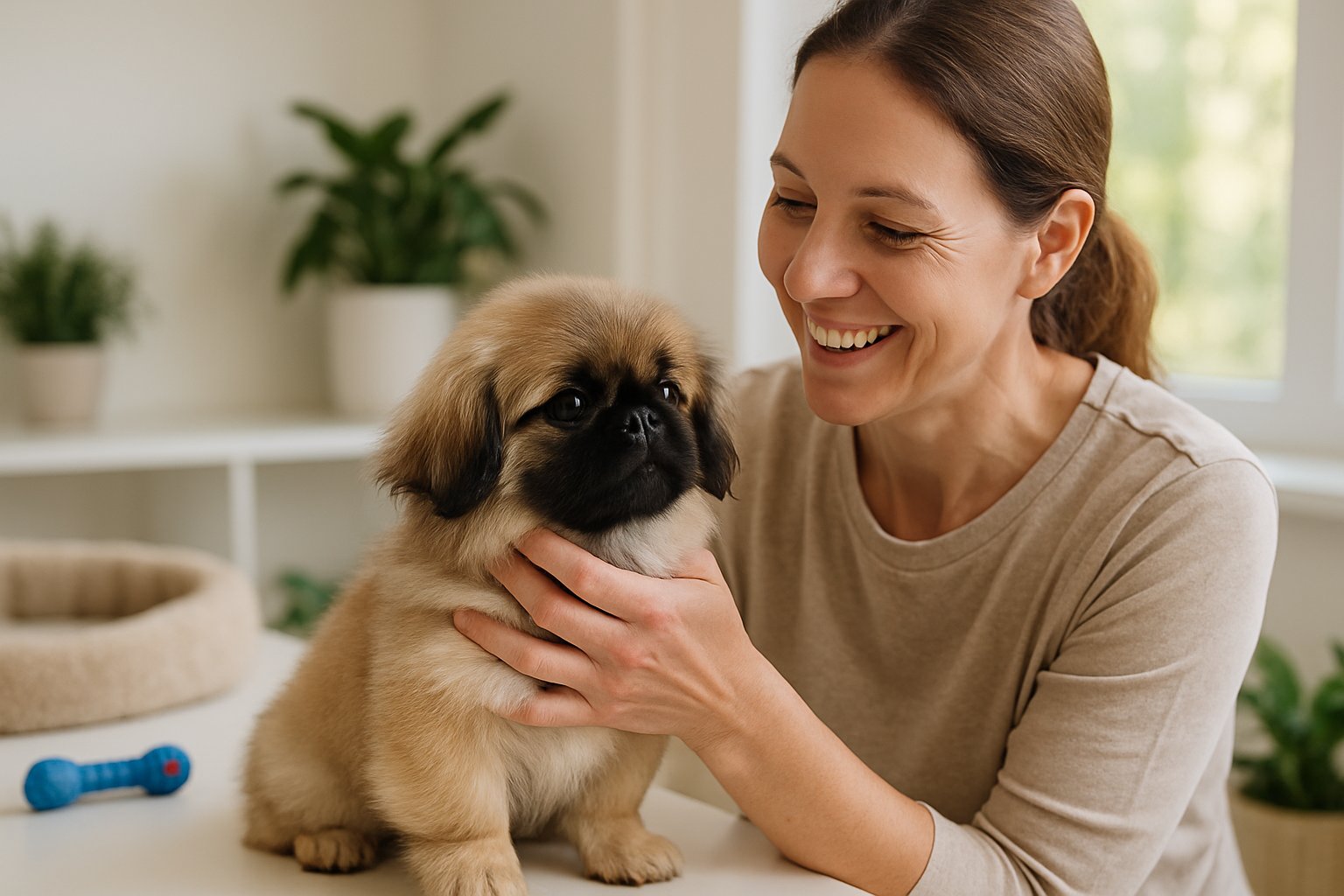 A person gently holding and smiling at a healthy Pekingese puppy in a bright, clean indoor setting.