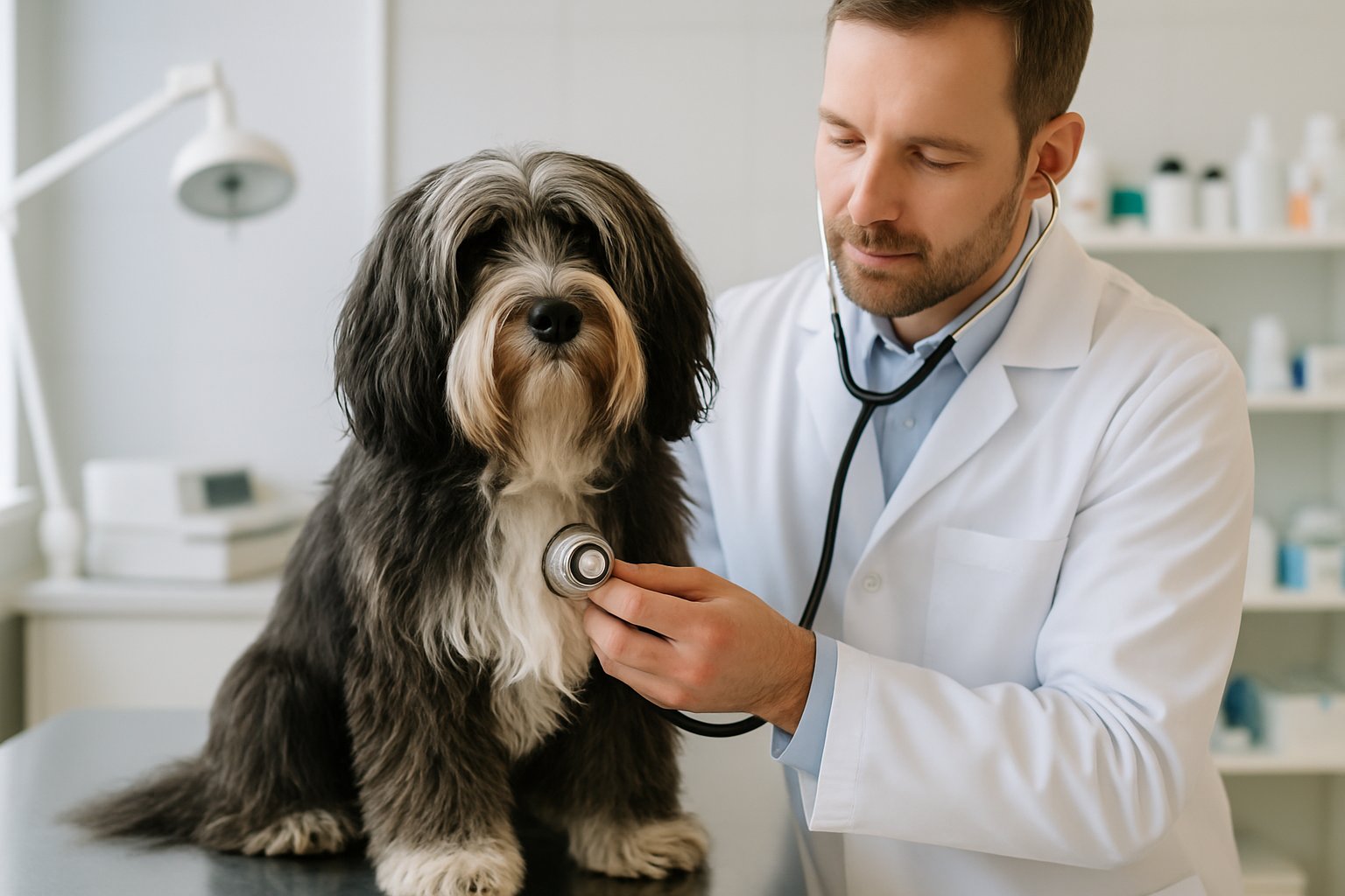A Tibetan Terrier being examined by a veterinarian in a veterinary clinic.