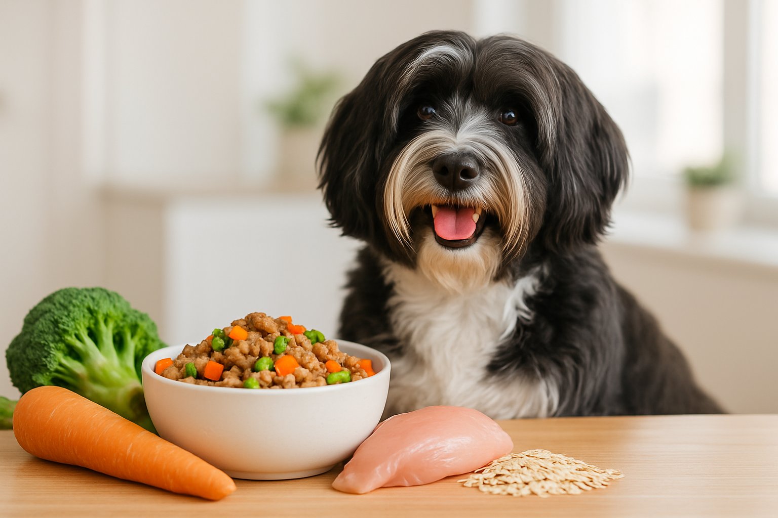 A Tibetan Terrier sitting next to a bowl of nutritious dog food with fresh ingredients in a bright kitchen.