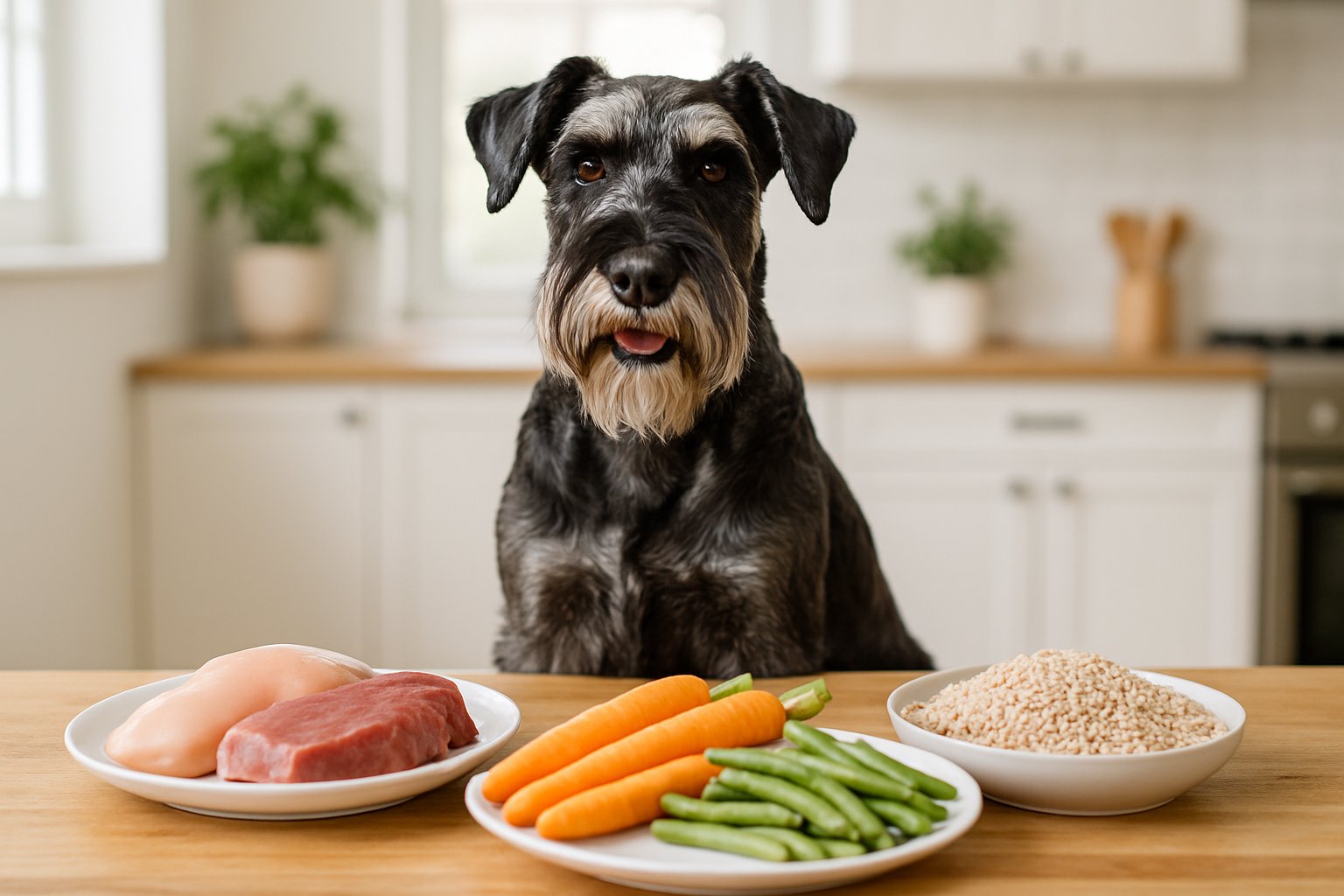 A healthy Standard Schnauzer sitting in a bright kitchen next to a table with fresh dog food ingredients.