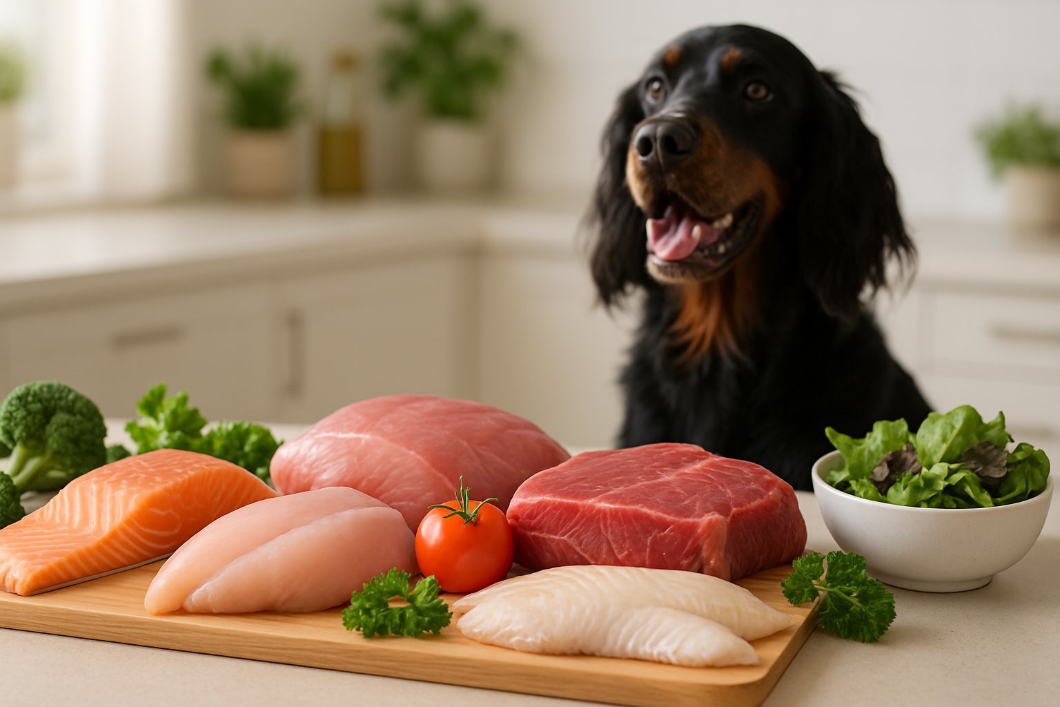 A fresh assortment of meat and fish on a kitchen counter with a healthy Gordon Setter dog sitting nearby.