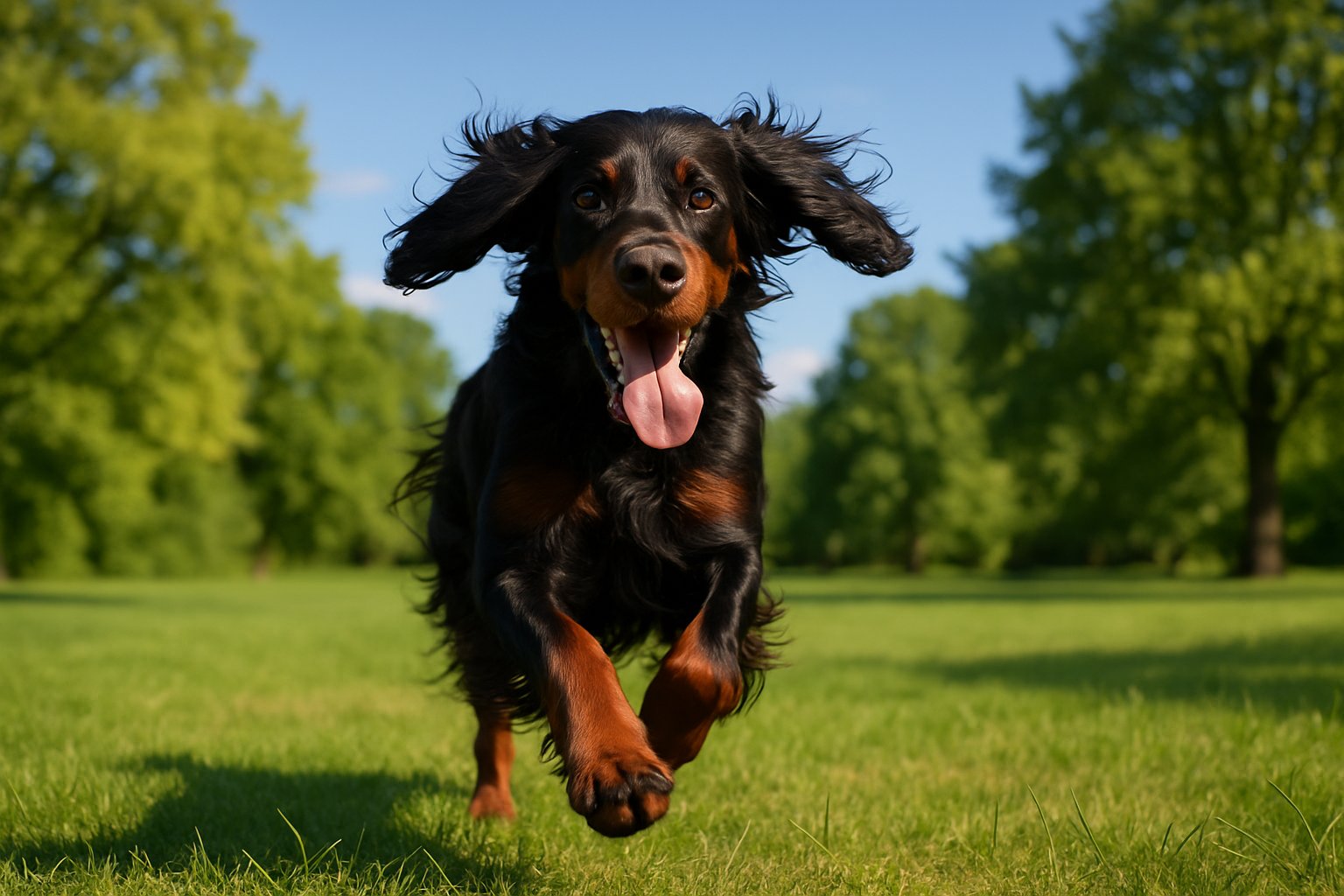A Gordon Setter dog running energetically in a green park on a sunny day.