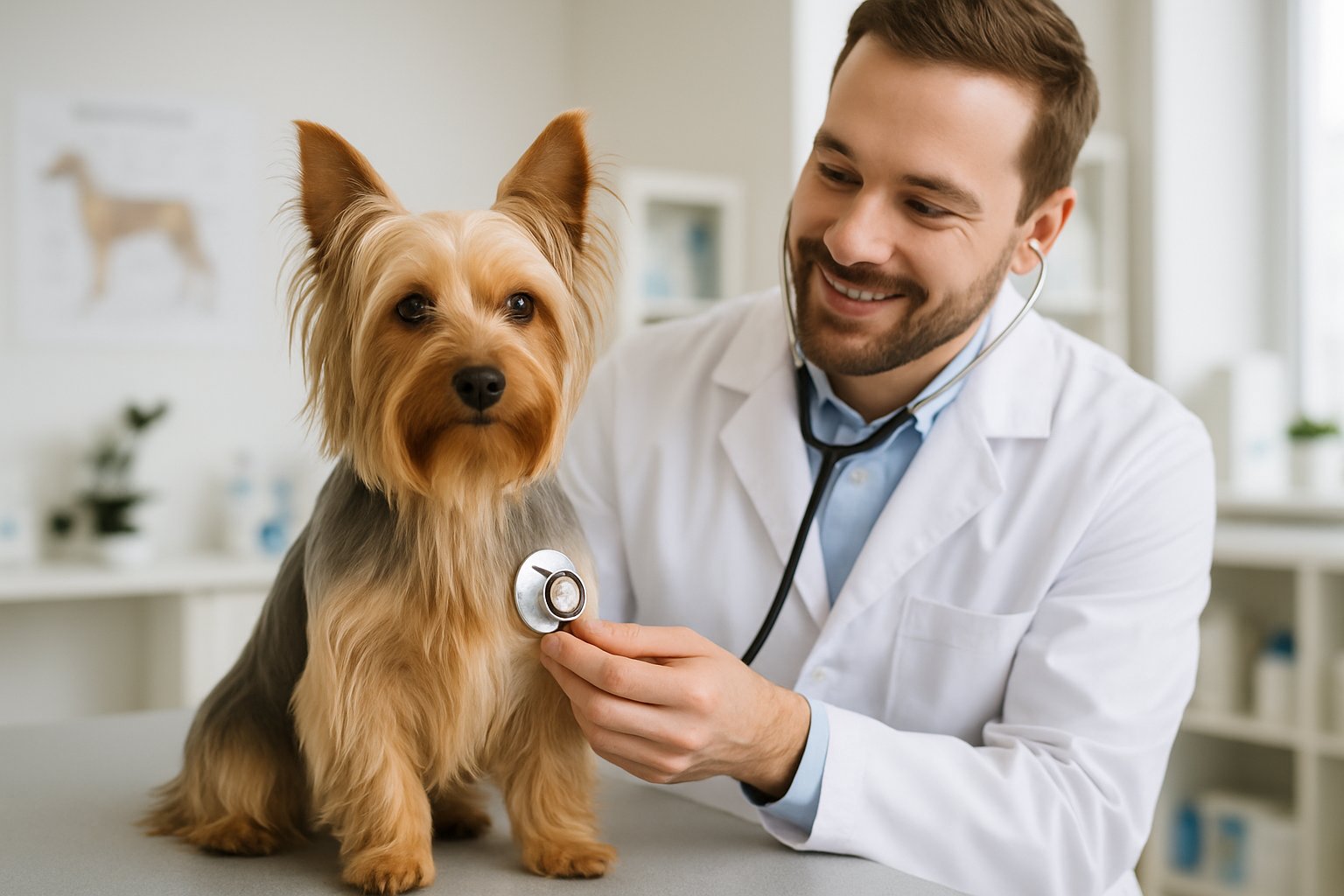 A Silky Terrier dog being examined by a veterinarian in a veterinary clinic.
