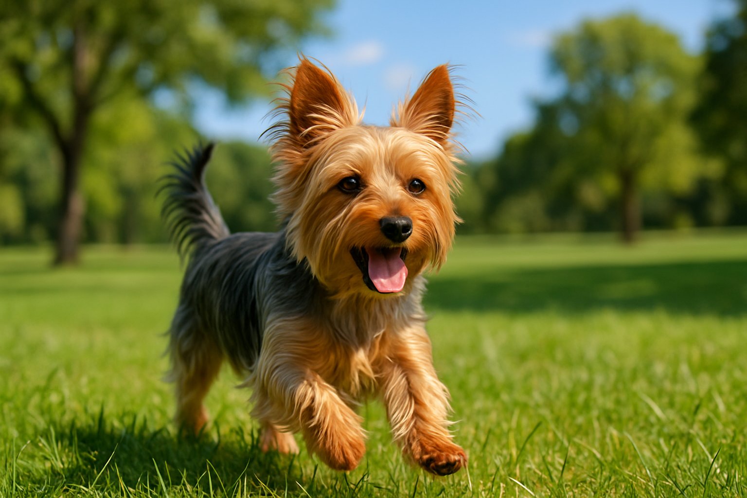 A Silky Terrier dog running energetically in a sunny park with green grass and trees.