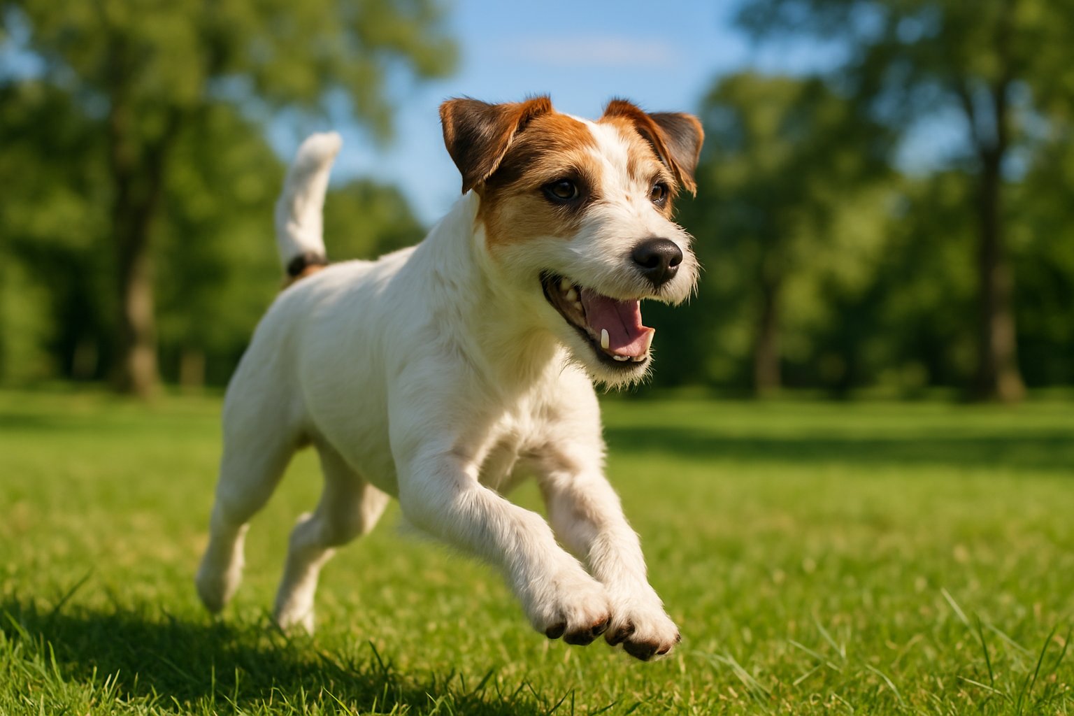 A Parson Russell Terrier running energetically on green grass in a sunny park.