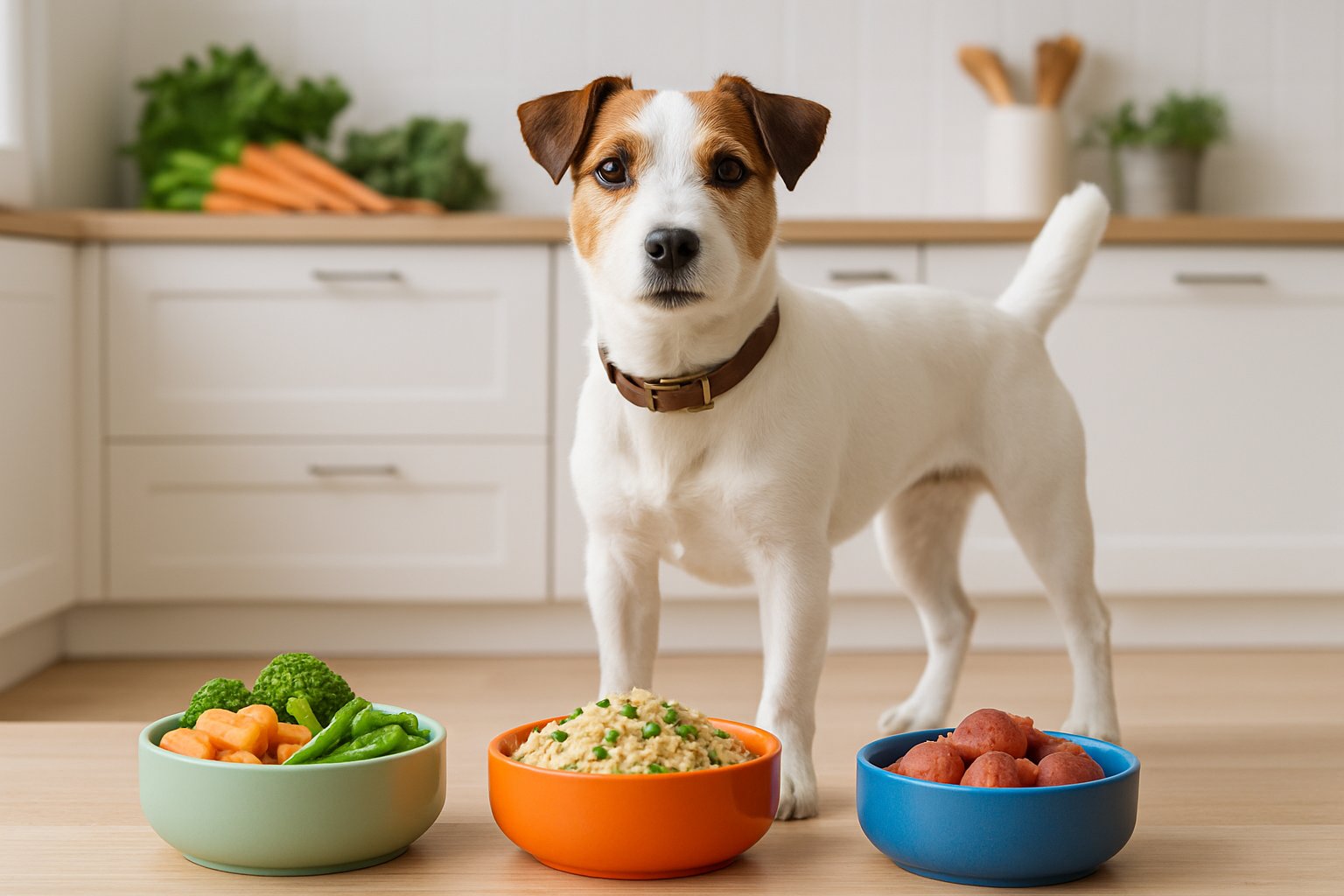 A healthy Parson Russell Terrier standing in a kitchen near bowls of fresh, nutritious dog food and vegetables.