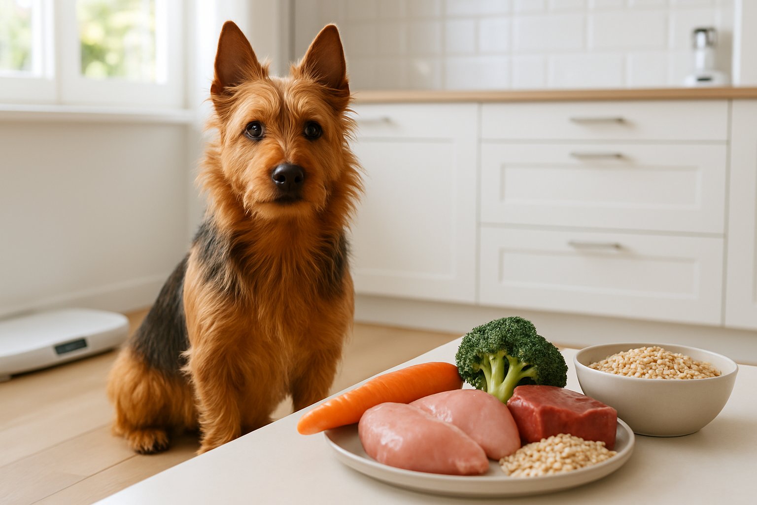 An Australian Terrier sitting on a wooden floor in a bright kitchen with fresh dog food ingredients on the counter and a water bowl nearby.