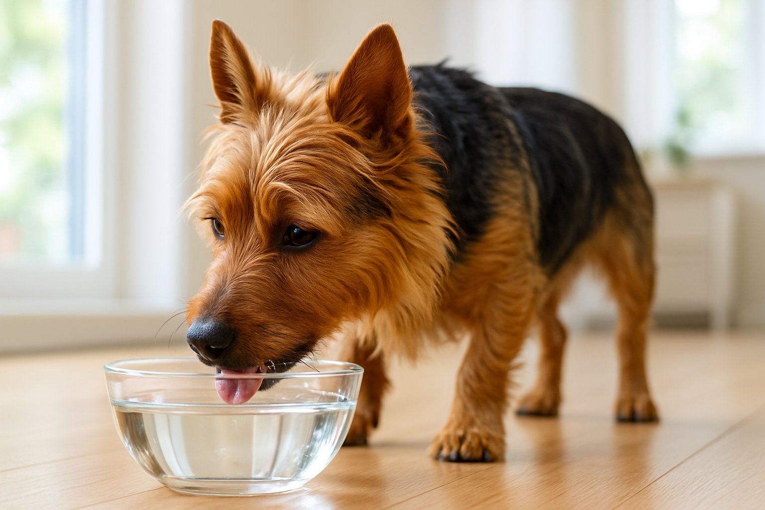 An Australian Terrier drinking water from a clear bowl indoors with natural light.