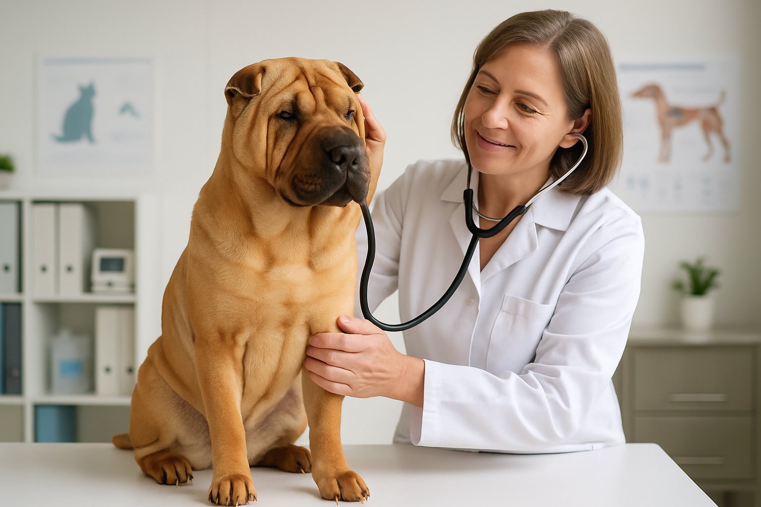 A Chinese Shar-Pei dog being examined by a veterinarian in a bright veterinary clinic.