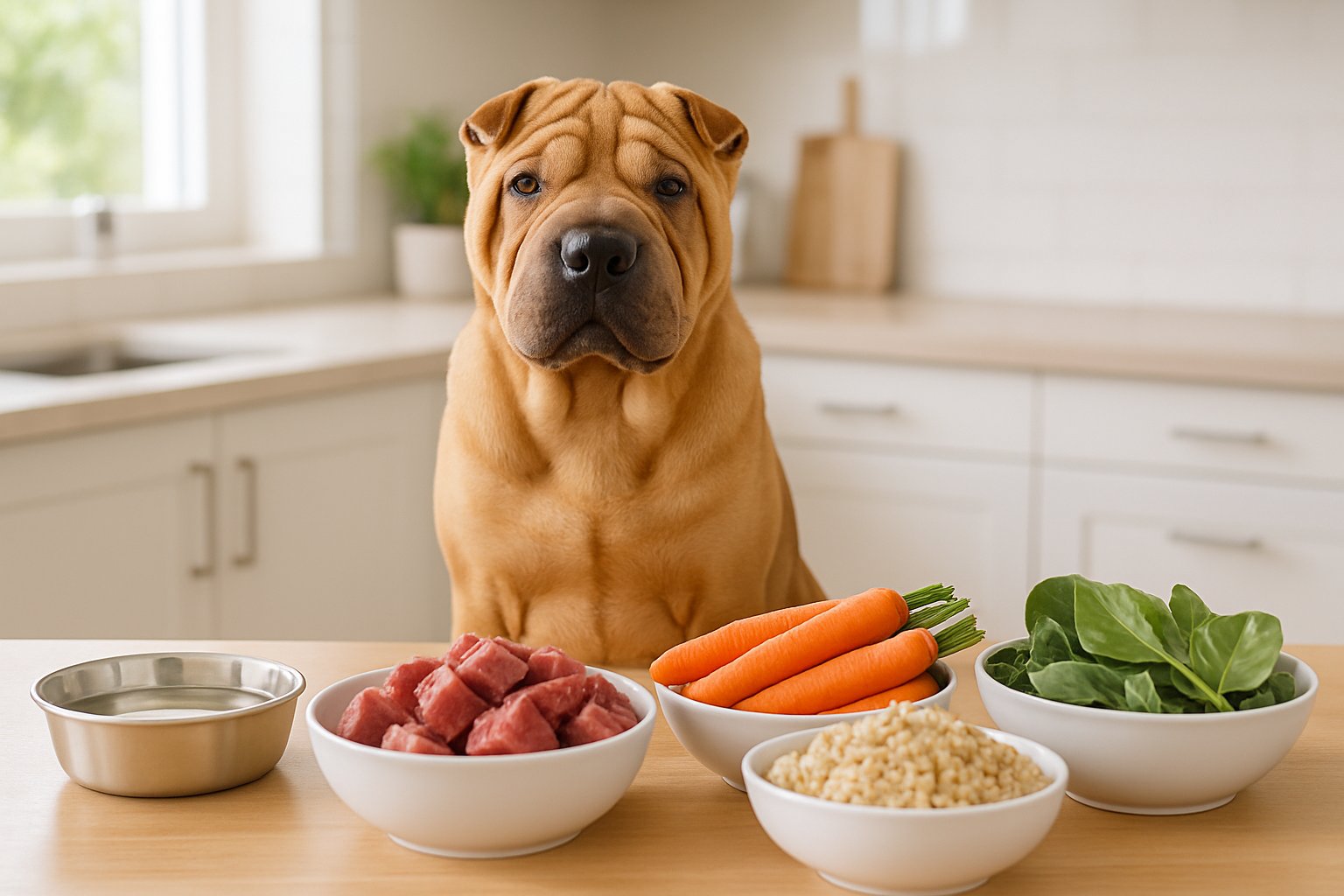 A Chinese Shar-Pei dog sitting in a bright kitchen surrounded by bowls of fresh vegetables, lean meats, grains, and water.