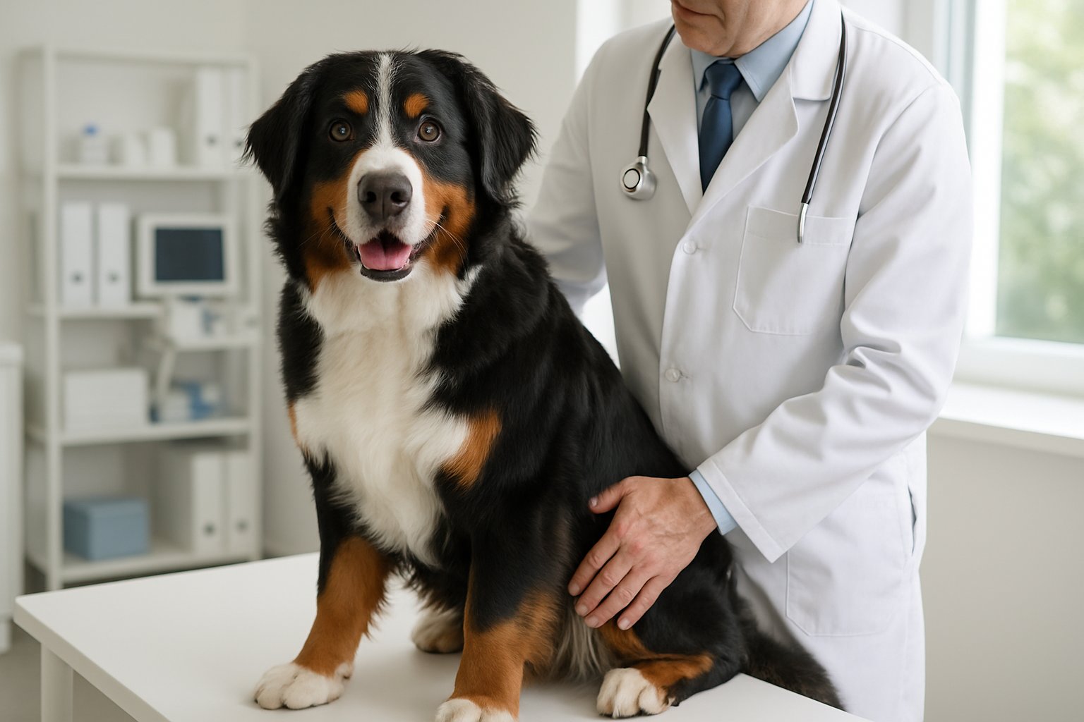 A Bernese Mountain Dog being examined by a veterinarian in a veterinary clinic.